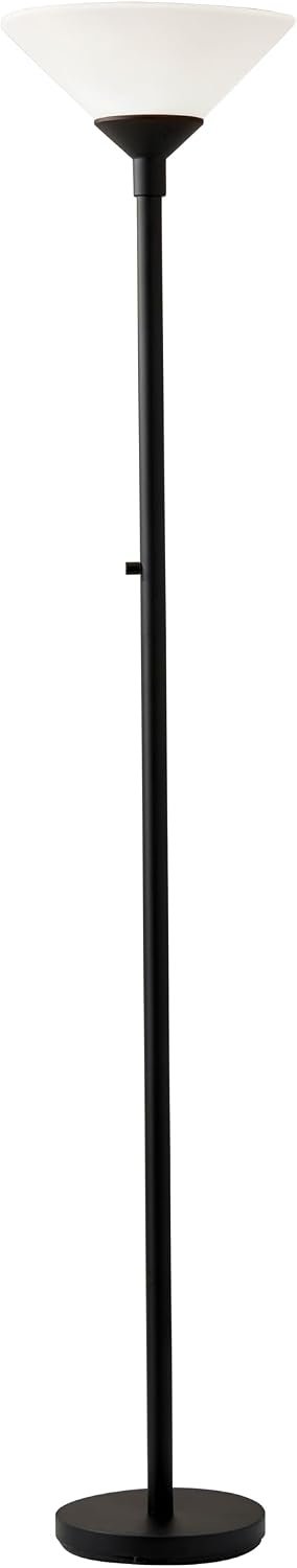 Adesso Black Torchiere Floor Lamp with Frosted White Shade – 300W Double Socket Construction, Modern Accent Lighting for Bedroom, Living Room, or Home Office, 73” Tall