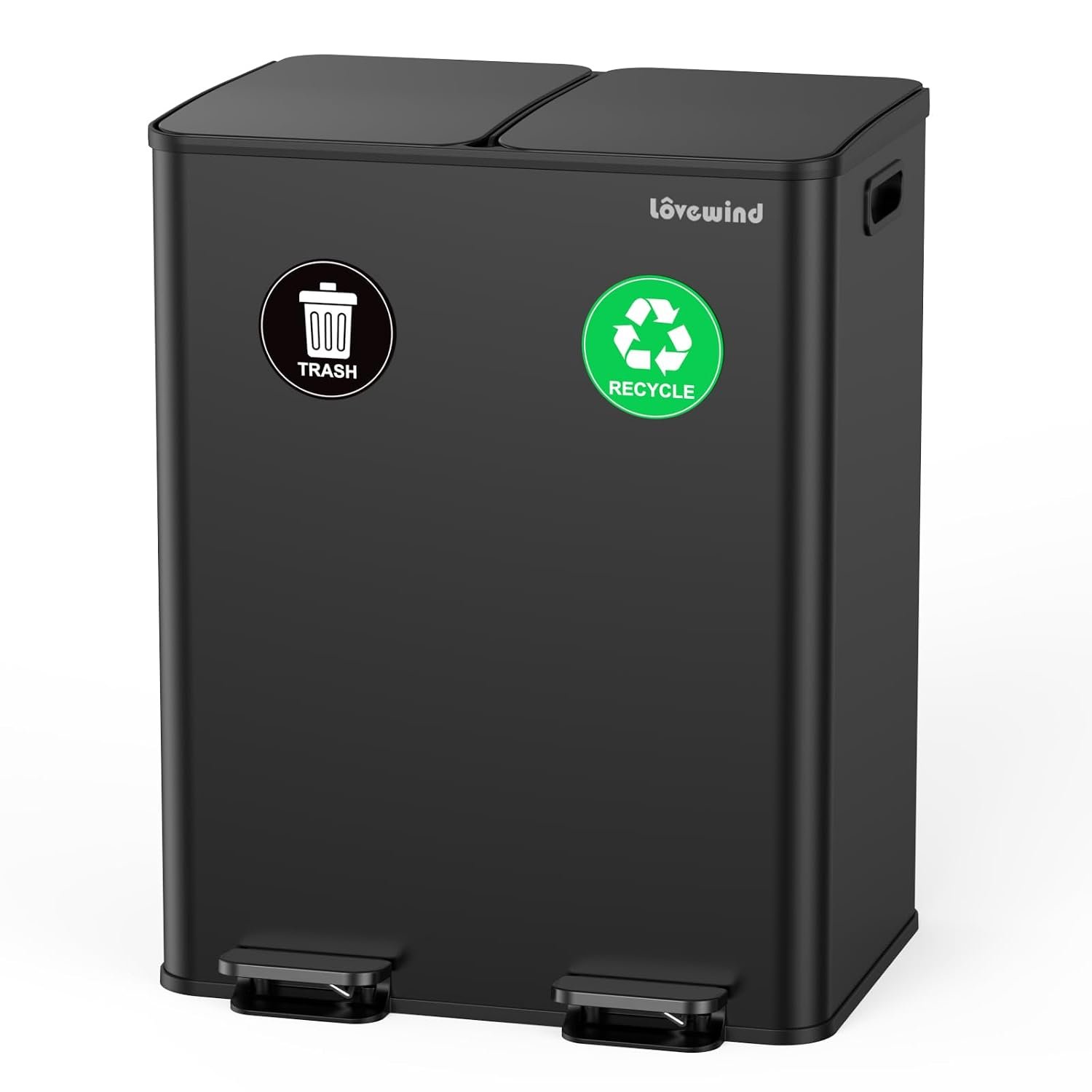 Lovewind Kitchen Trash Can, 2 x 8 Gallon (2 x 30 L) Stainless Steel Trash and Recycle Bin Combo with Soft-Close Lid, Dual Compartment Recycling Kitchen Step Trash Bin, Black