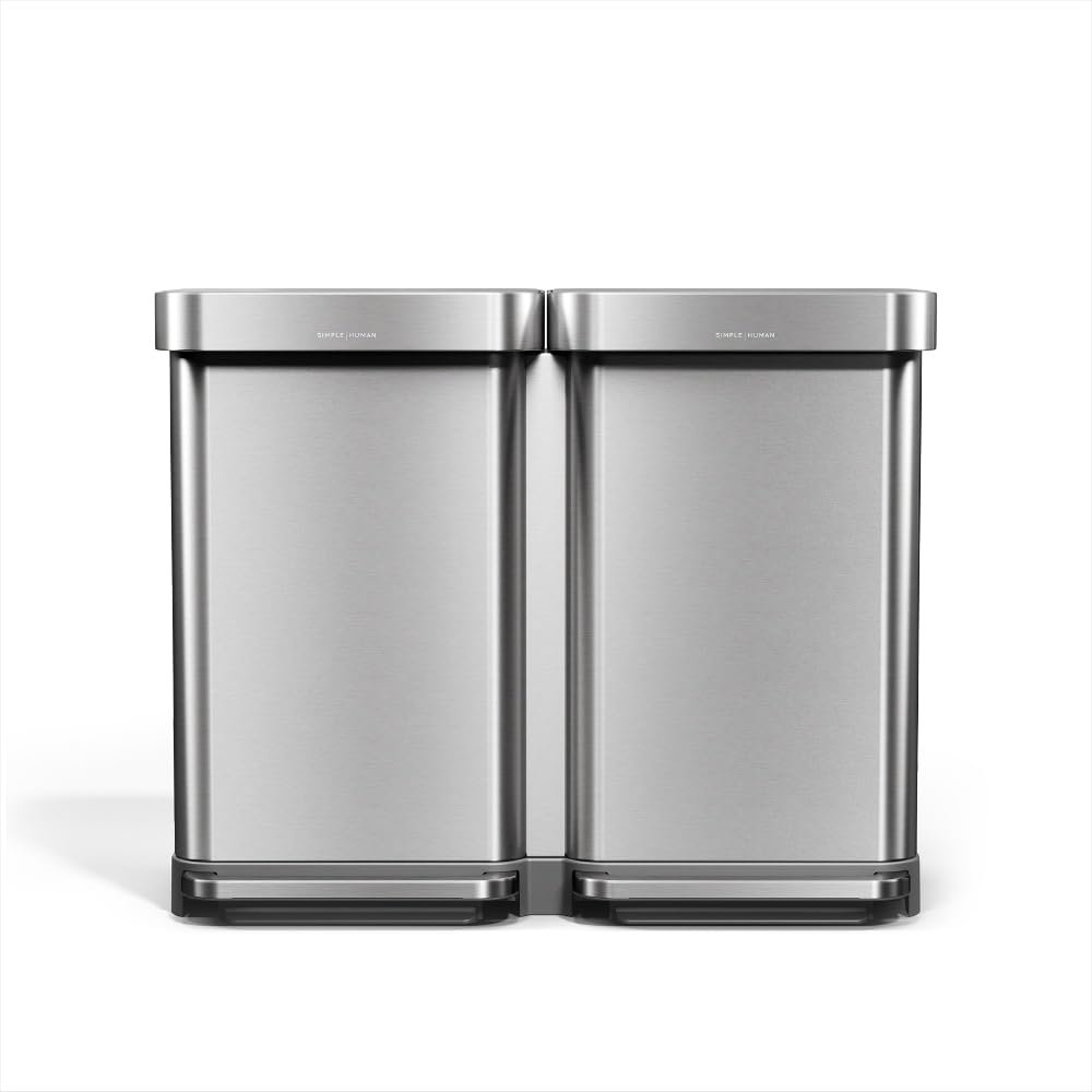 simplehuman Step Recycler, 90L / 23.8 Gallon Dual Compartment Kitchen Trash Can, 150,000-Step Steel Pedal, Lid Shox® Technology, Liner Rim System, Liner Pocket®, Brushed Stainless Steel