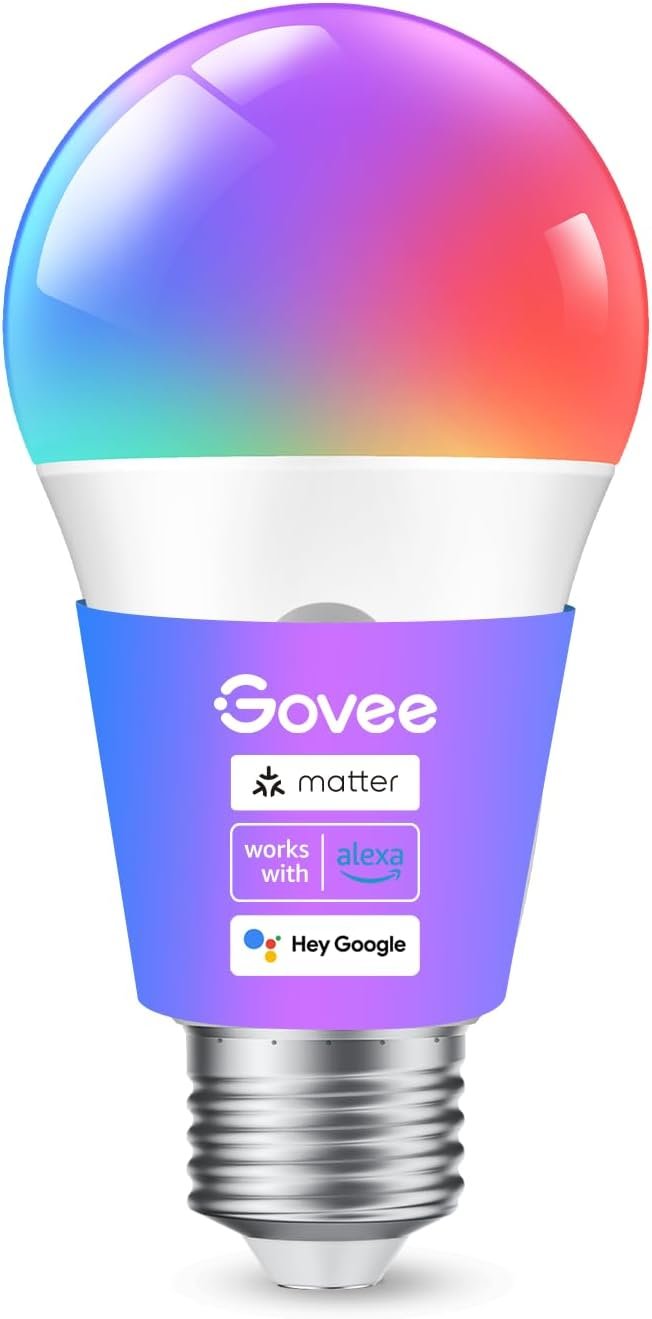 Govee Smart Light Bulbs, Color Changing Light Bulb, Works with Matter, Alexa and Google Assistant, 16 Million Colors RGBWW, WiFi & Bluetooth LED Light Bulbs, Music Sync, A19, 800 Lumens, 1 Pack