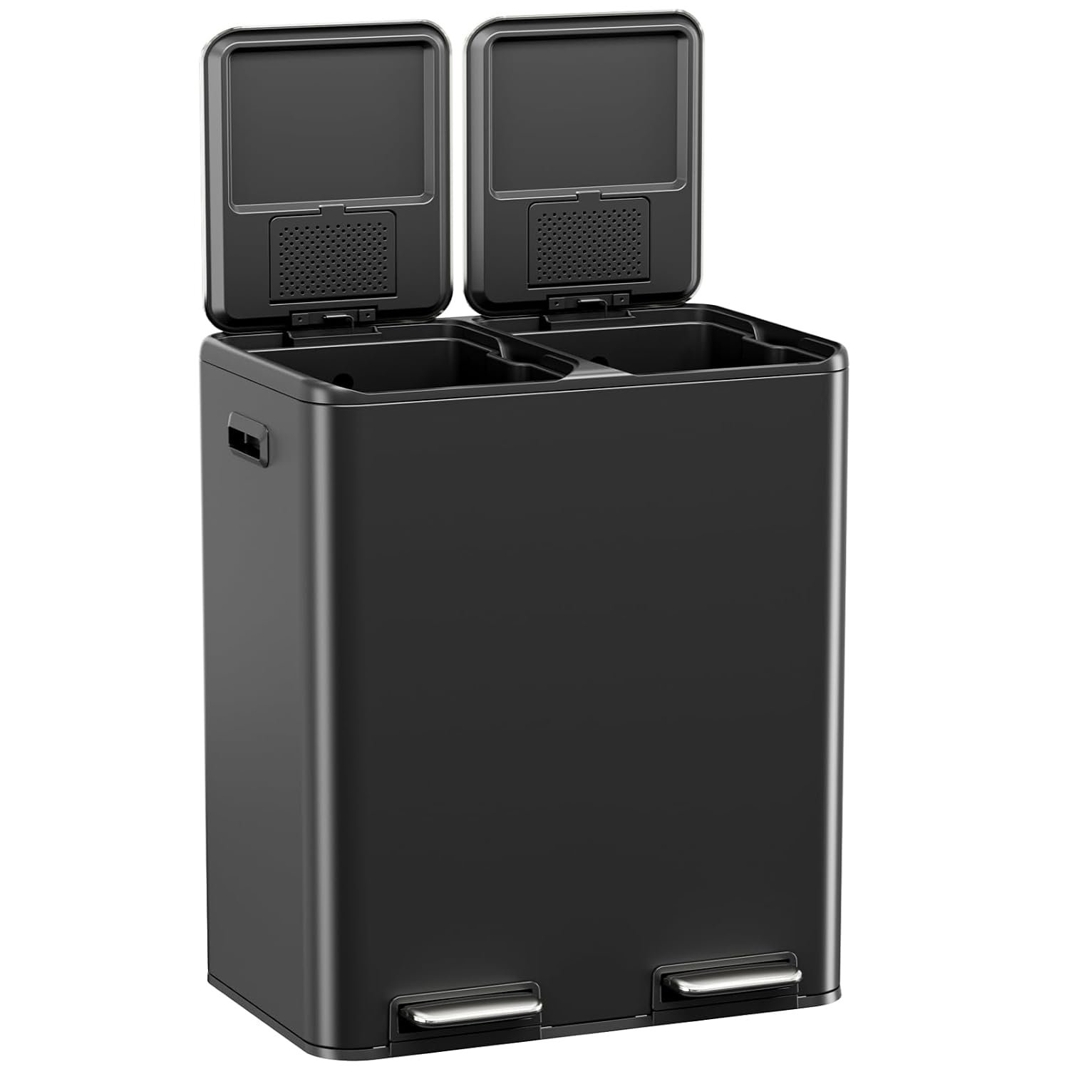 TLSUNNY Kitchen Dual Trash Can, 60L Hands-Free Stainless Steel Garbage Can, Classified Rubbish Bin with Double Compartments, Soft-Close Lid, Inner Bucket, Odor Control (60L) (Black)