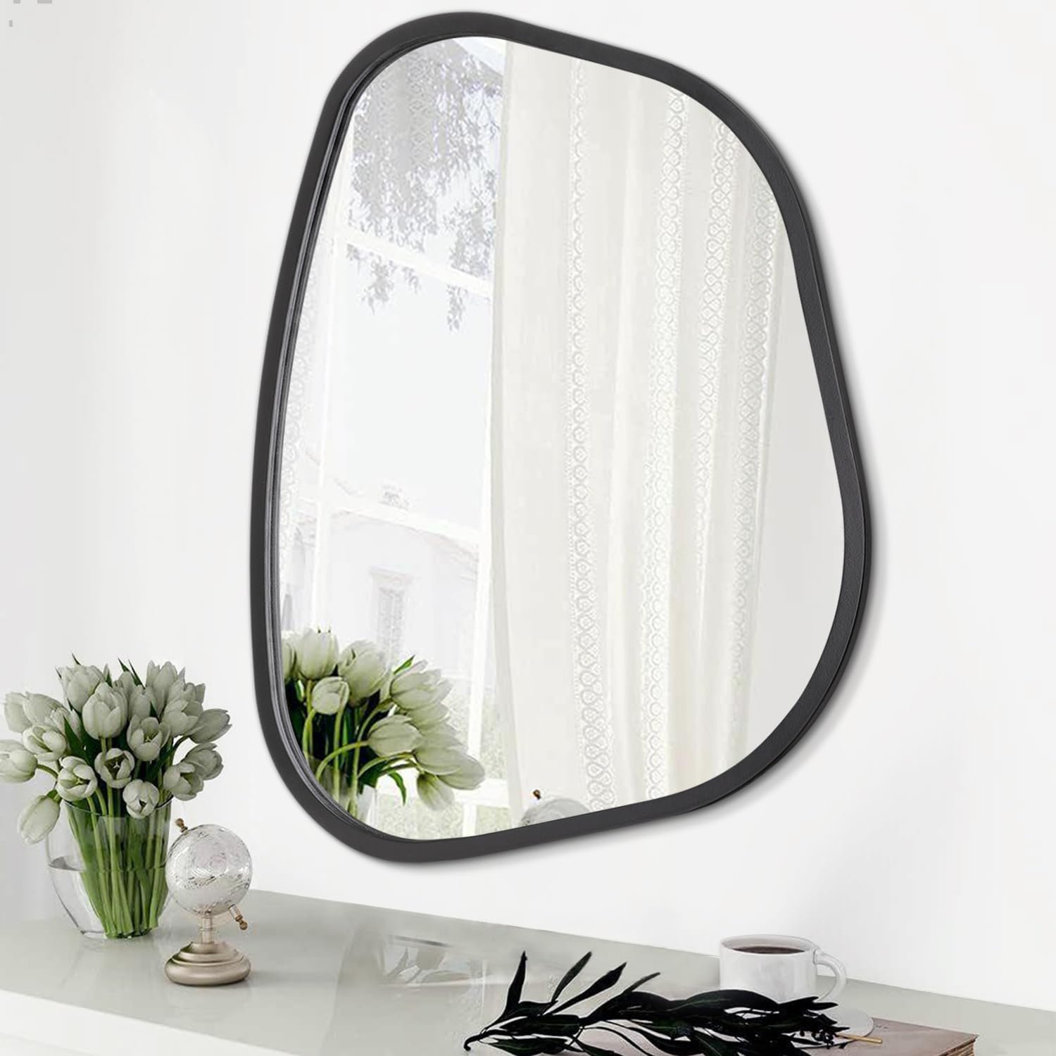 Asymmetrical Mirror for Wall Irregular Oval Wood Frame Modern Unique Accent Wall Mirror Decorative Vanity Bathroom Living Room Bedroom Entryway Hallway Artistic Wavy Mirror Small 14″x10″
