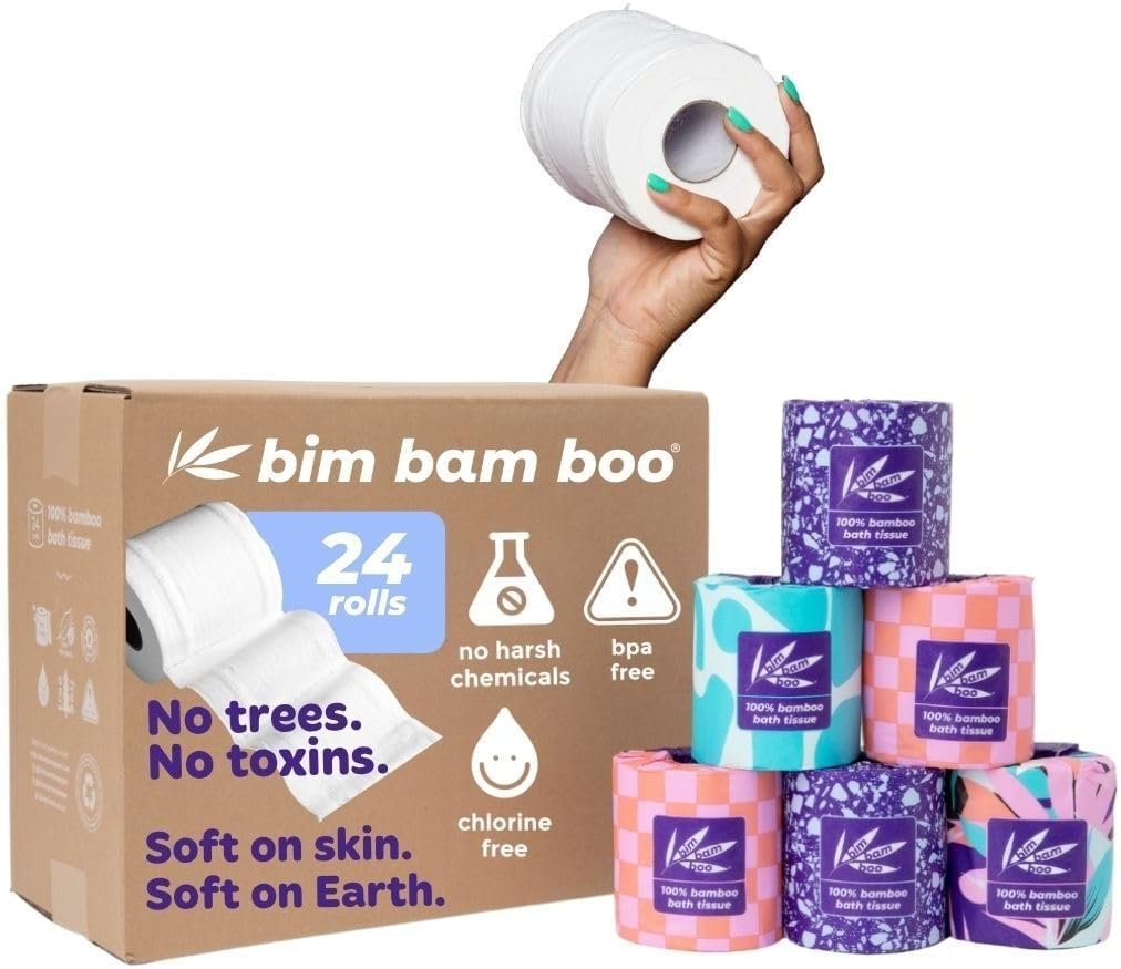 Bim Bam Boo 100% Bamboo Organic Chemical-Free Bulk Toilet Paper, Cloud-like Softness, Plant-Based Sustainable Tree-Free Bathroom Tissue, 24 Eco-Friendly Rolls, 2 Ply, 295 Sheets for RV and Camping