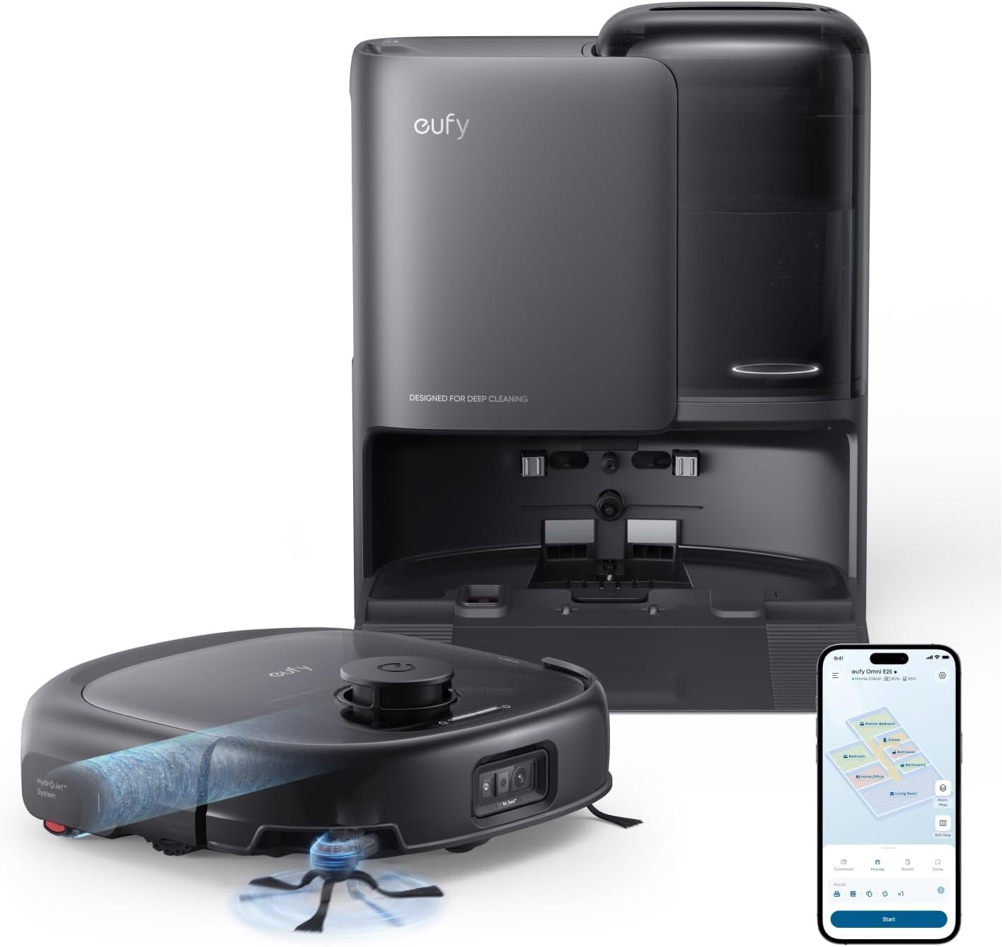 eufy E25 Robot Vacuum and Mop Combo, 20,000 Pa Suction, HydroJet Self-Clean Roller Mop, All-in-One Station, Extendable Side Brush, Zero-Tangle for Pet Hair, AI Obstacle Avoidance