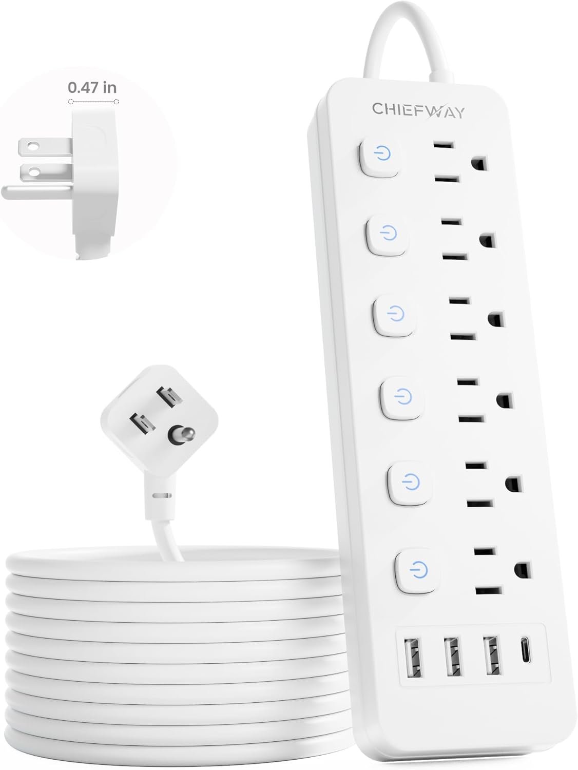 10Ft Power Strip with Individual Switches & 4 USB Ports (1 USB-C), Flat Plug Extension Cord with 6 Outlets, No Surge Protector, Wall Mountable Desk Charging Station for Office Dorm, Travel Essentials
