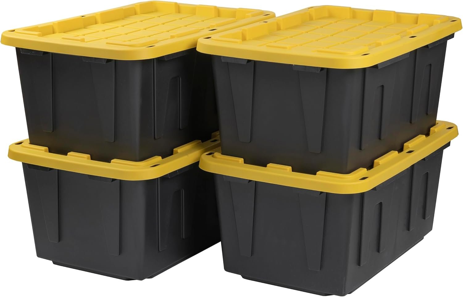 CX Black & Yellow 27-Gallon Heavy Duty Stackable Storage Bins with Lids, Dorm Room Essentials, Moving Boxes, Back to School, Classroom Organization, Home Organization, 4 Pack (14.3″H x 20.6″W x 30.6″D)
