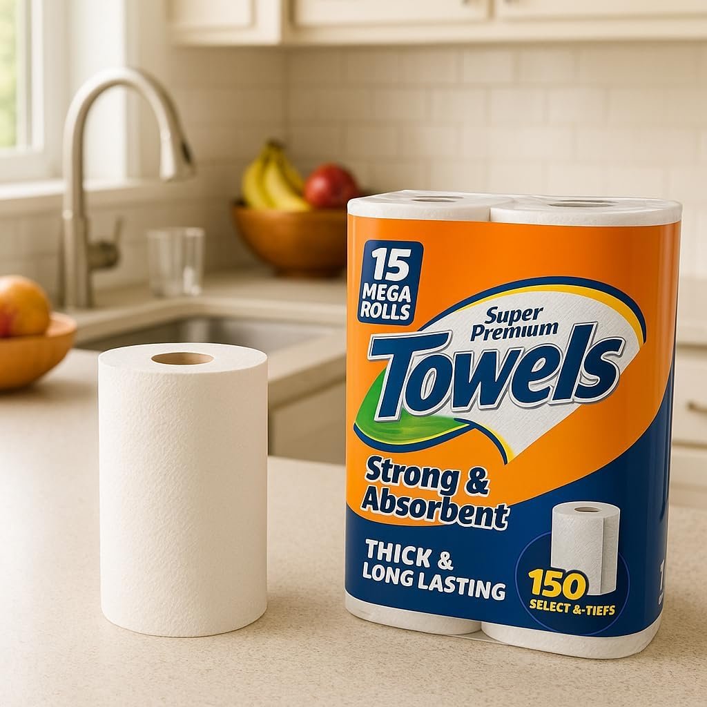 Paper Towels 2-Ply– 15 Mega Rolls, 150 Sheets per Roll, Select & Tear Sheets, Strong and Absorbent, Bulk Pack for Kitchen, Office, Cleaning – Thick & Long Lasting, Lint-Free Disposable Towels