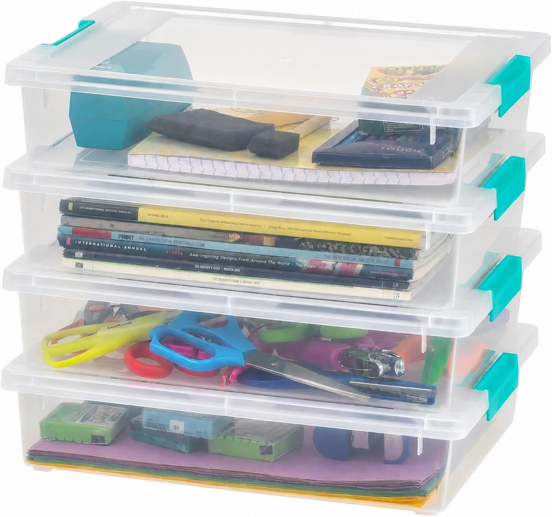 IRIS USA 6 Qt. Craft Storage Bins with Lids, 4-Pack, |Made in USA|, Clip Box, Small Plastic Sensory Bin Tote Organizer Containers for Art Supplies, Paper, & Office, Stackable – Clear/Seafoam Blue