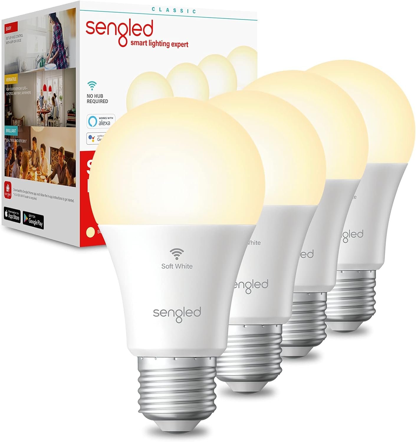 Sengled Alexa Light Bulb, Smart Light Bulbs, Smart Bulbs That Work with Alexa & Google Assistant, WiFi Light Bulbs A19 Soft White (2700K) No Hub Required, 800LM 60W Equivalent High CRI>90, 4 Pack