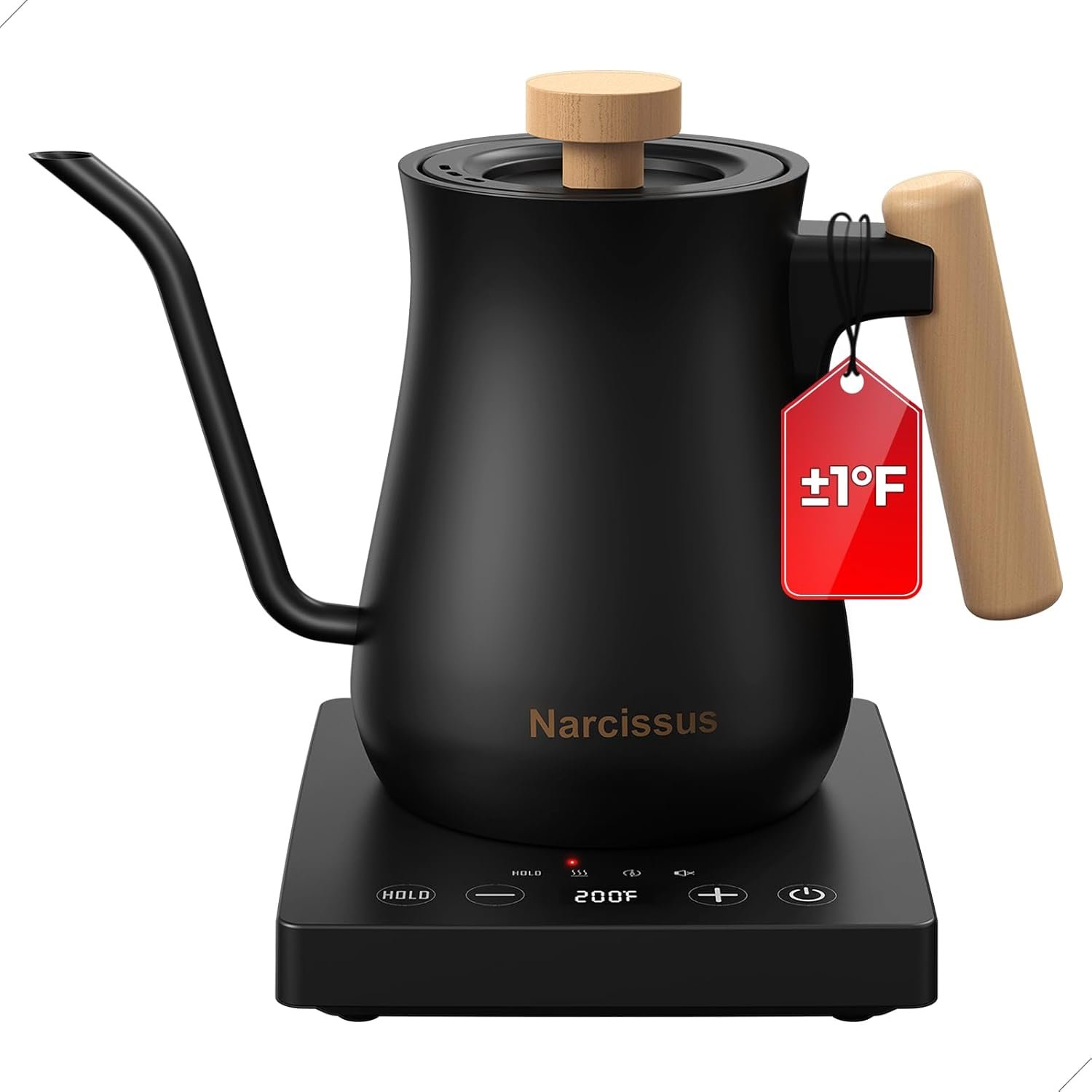 Narcissus P901 Gooseneck Electric Kettle with ±1℉ Temperature Control Function, 1200 Watt Rapid Boiling in 5 Mins, Max 6 Hours Keeping Warm, 304 Stainless Steel Interior, BPA Free, Black