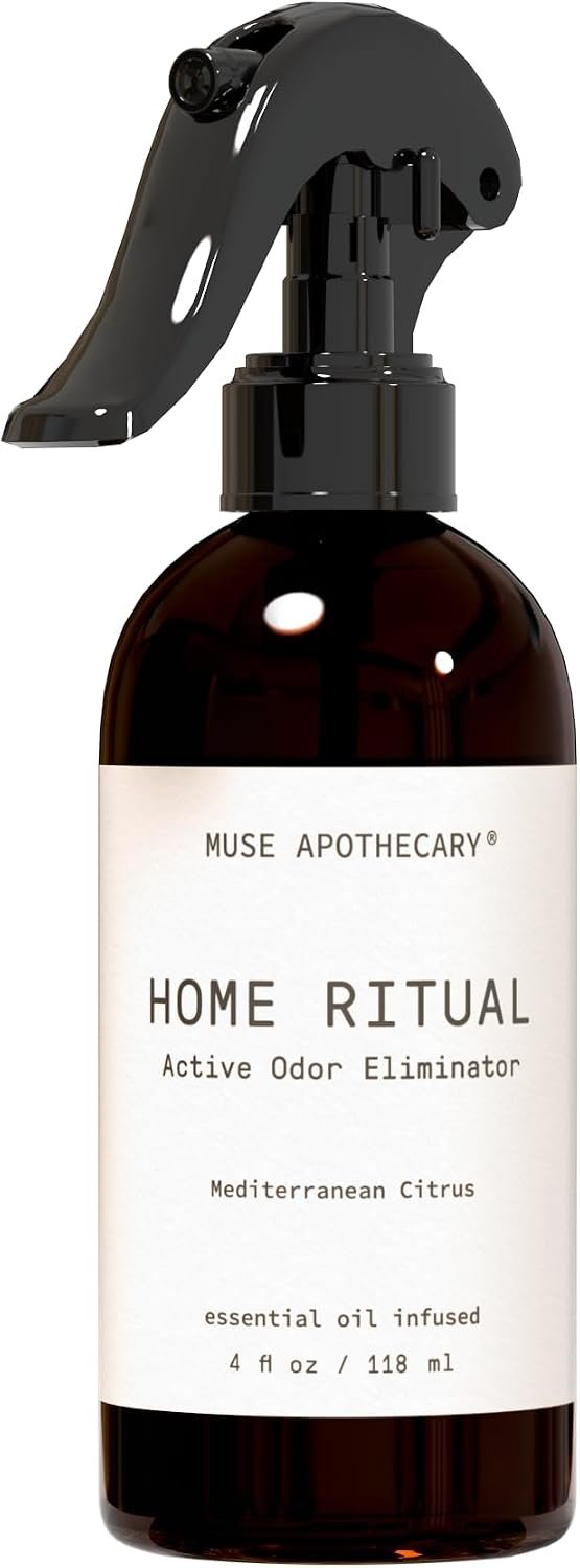 Muse Apothecary Home Ritual Active Odor Eliminator Spray – Furniture Deodorizer Spray & Bathroom Odor Eliminator for Home – Essential Oil Air Freshener – 4oz, Mediterranean Citrus
