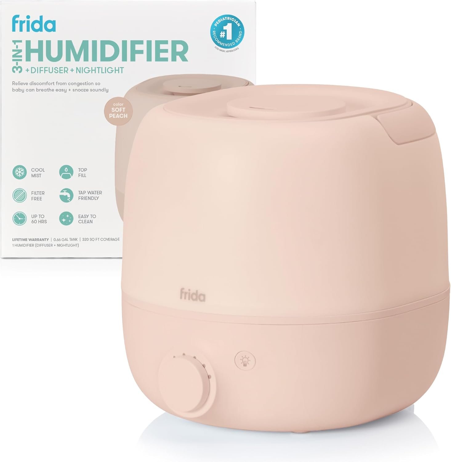 Frida Baby 3-in-1 Cool Mist Humidifier for Large Rooms, Top Fill Humidifier for Bedroom, Allergy Relief, 60 Hour Runtime + Nightlight, Auto Shut-Off, Quiet, Carry Handle, Essential Oil Diffuser