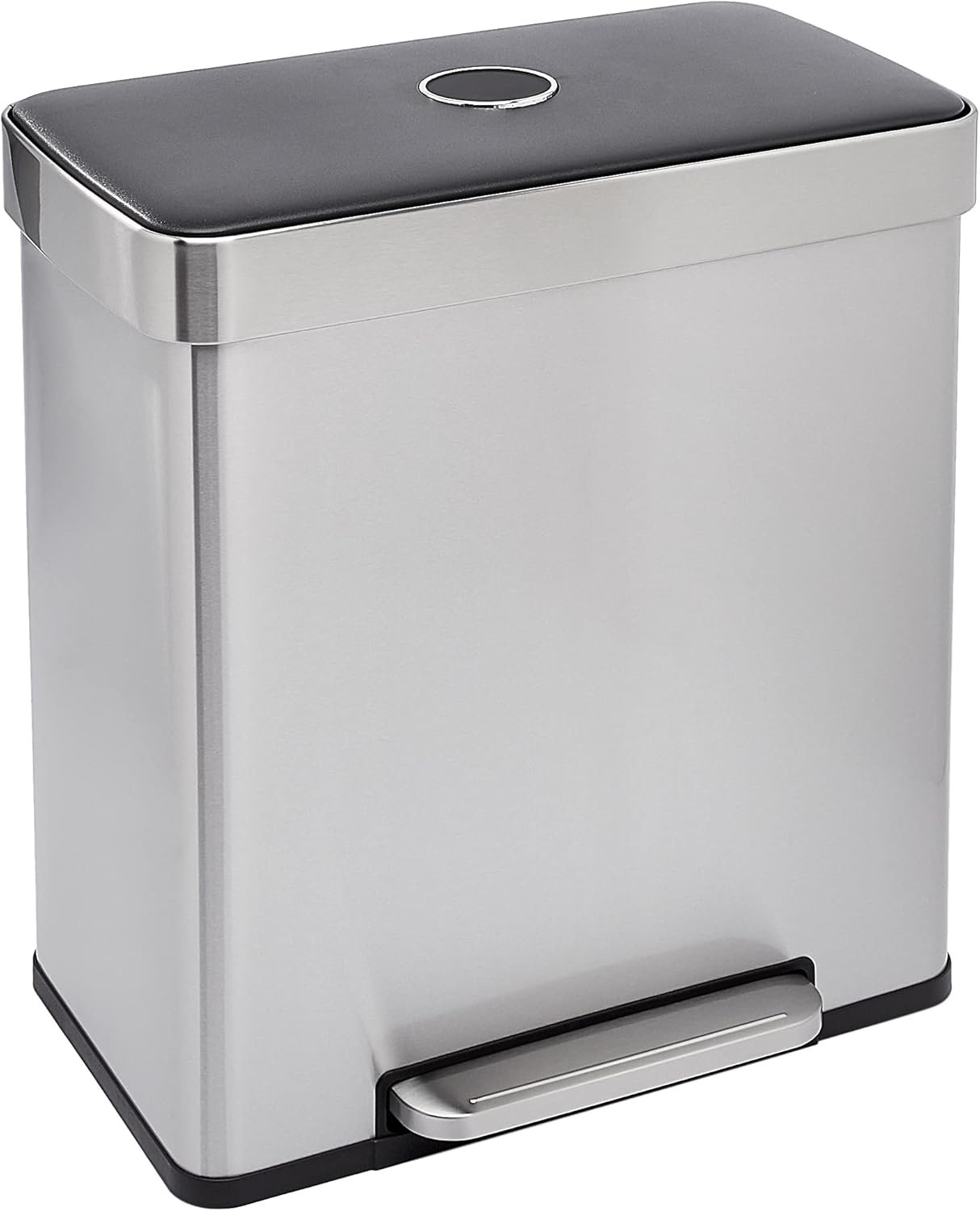 Amazon Basics Dual Compartment Recycling Trash Can with Soft-Close Lid, Fingerprint Resistant, Removable Liner Buckets, 60 Liters, Rectangular, Grey, Silver