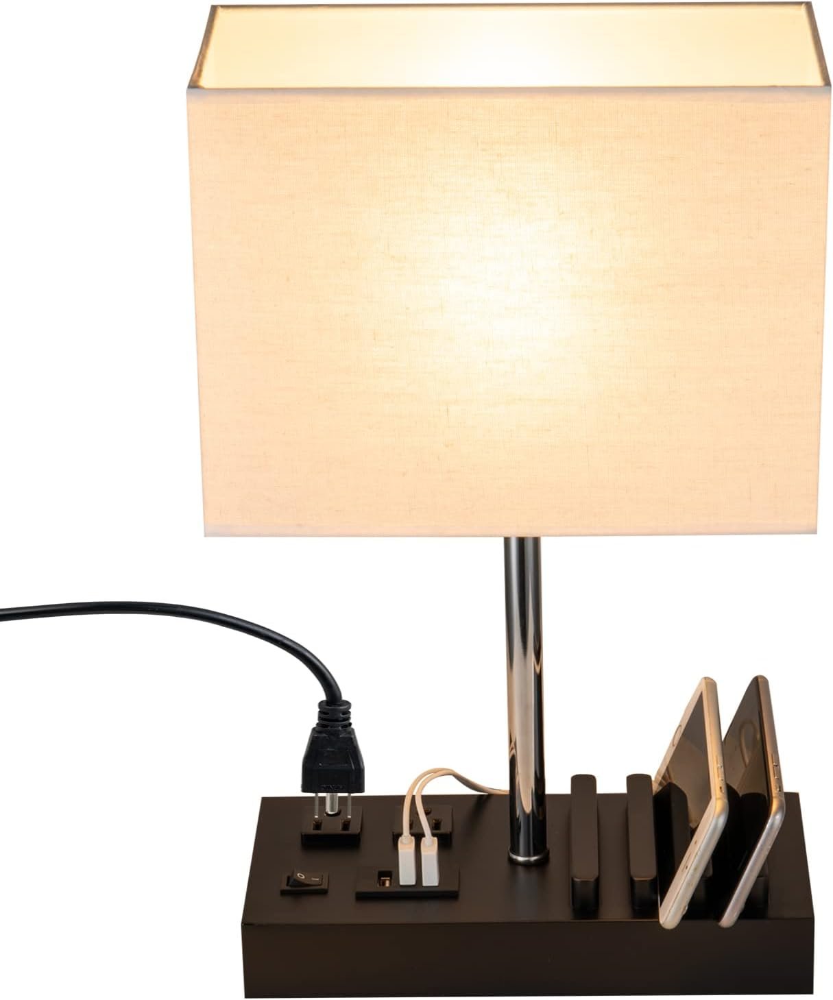 Briever USB Table Lamp, Multi-Functional Desk Lamp with 2 AC Outlets, Bedside Lamp with 3 USB Charging Ports and Wooden Phone Stands, Nightstand Lamp for Bedroom, Livingroom, Office, Linen Shade