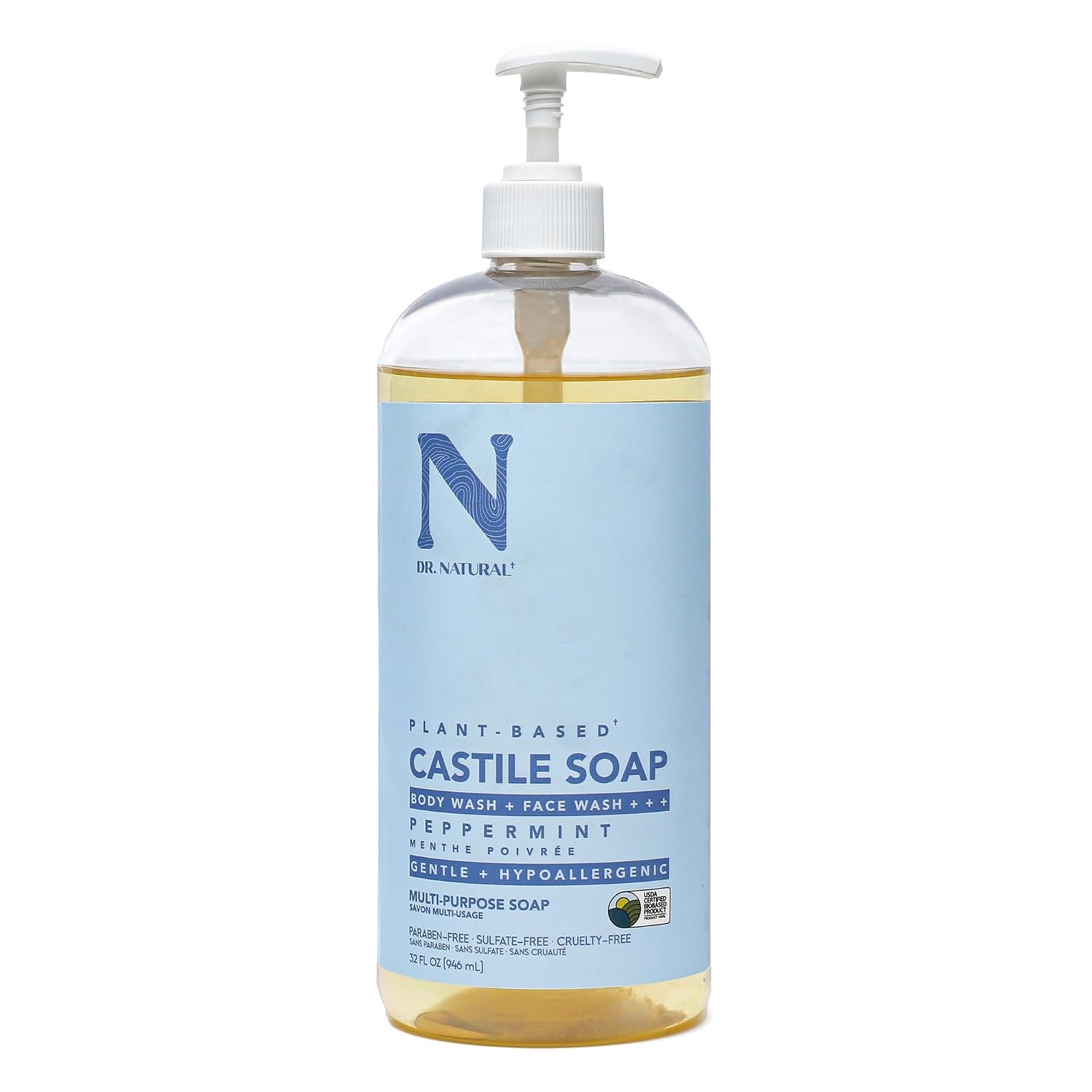 Dr. Natural Castile Liquid Soap, Peppermint, 32 oz – Plant-Based – Made with Organic Shea Butter – Rich in Coconut and Olive Oils – Sulfate and Paraben-Free, Cruelty-Free – Multi-Purpose Soap