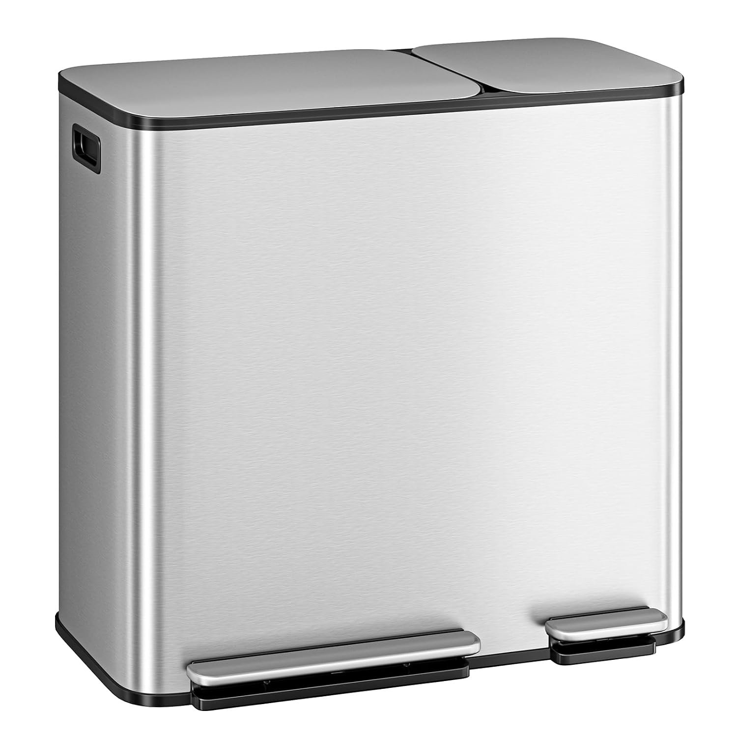 Dual Kitchen Trash Can 13.2 + 5.2 gal (50+20L) Stainless Steel Trash Cans with Soft Close Lid Large Double Garbage and Recycling Bin with 2 Removable Inner Buckets Step-on Metal Garbage Cans Silver