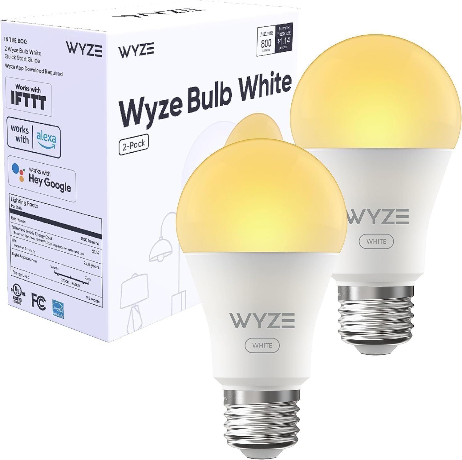 Wyze Lifestyle Bulb White, 800LM A19 Tunable-White Wi-Fi Smart Light Bulb, Compatible with Alexa and Google Assistant, 2.4GHz, No Hub Required, 2700K – 6500K, Dimmable, 90+CRI, Timer & Group, 2-Pack