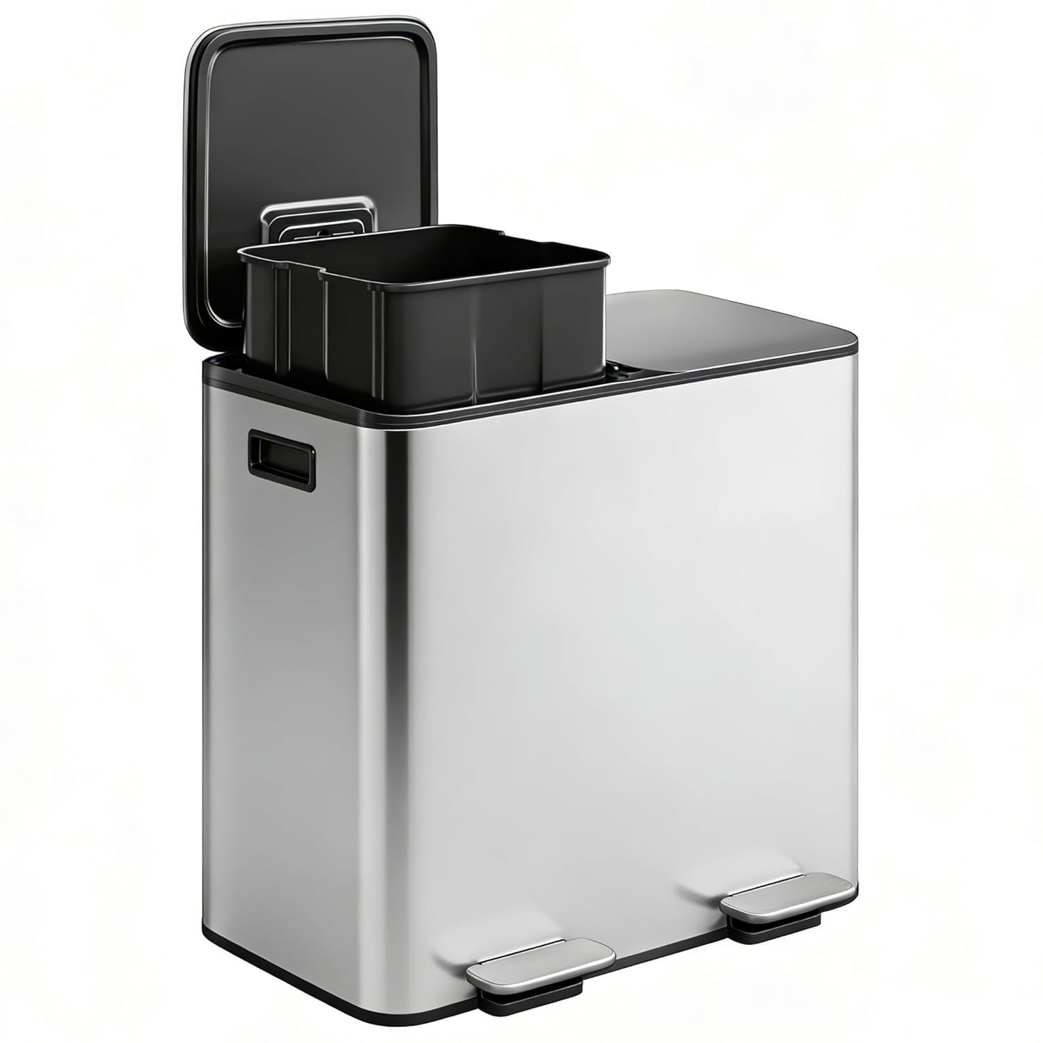 GarveeHome 2 x 8 gal Stainless Steel Double Trash Can with Lid for Kitchen, Large Dual Trash and Recycle Bin Combo, Step-on Kitchen Metal Garbage Cans, PP Inner Buckets, Liner Rim