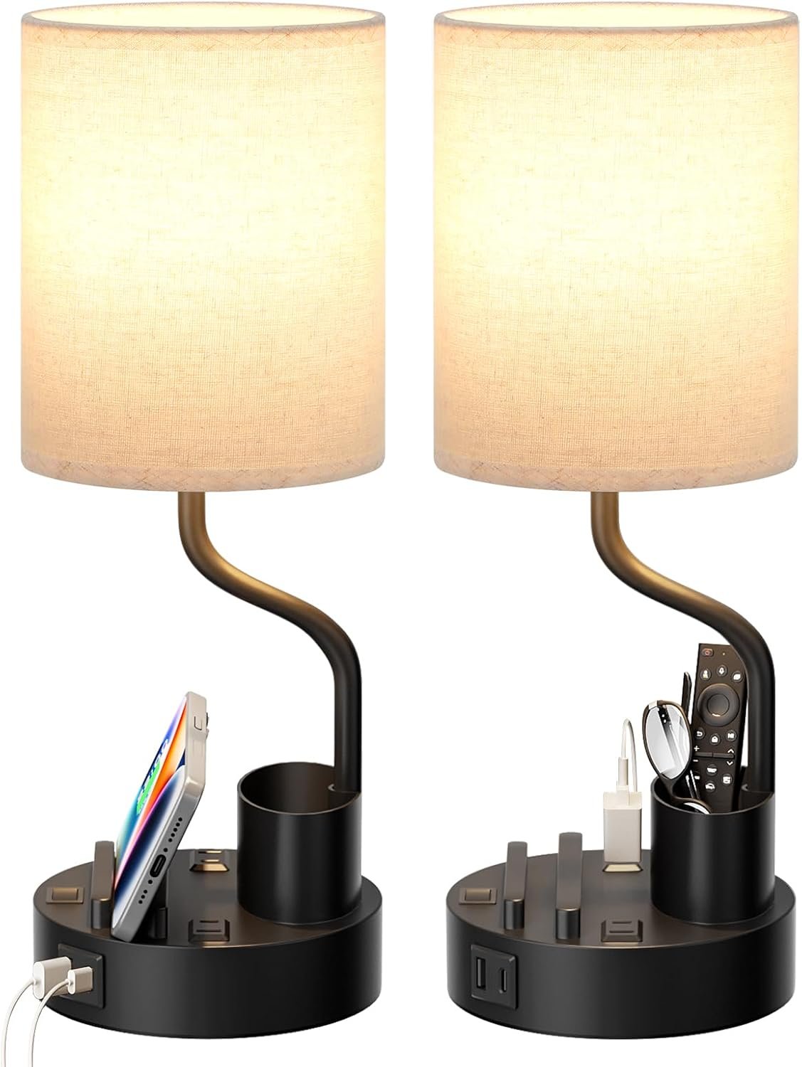 Bedside Table Lamps for Bedroom Set of 2 – Nightstand Light with AC Outlet and USB A & C for Charging, 3 Color Temperatures, Study Desk Lamp with Pen Holder & Phone Stand for Living Room/Dorm/Office