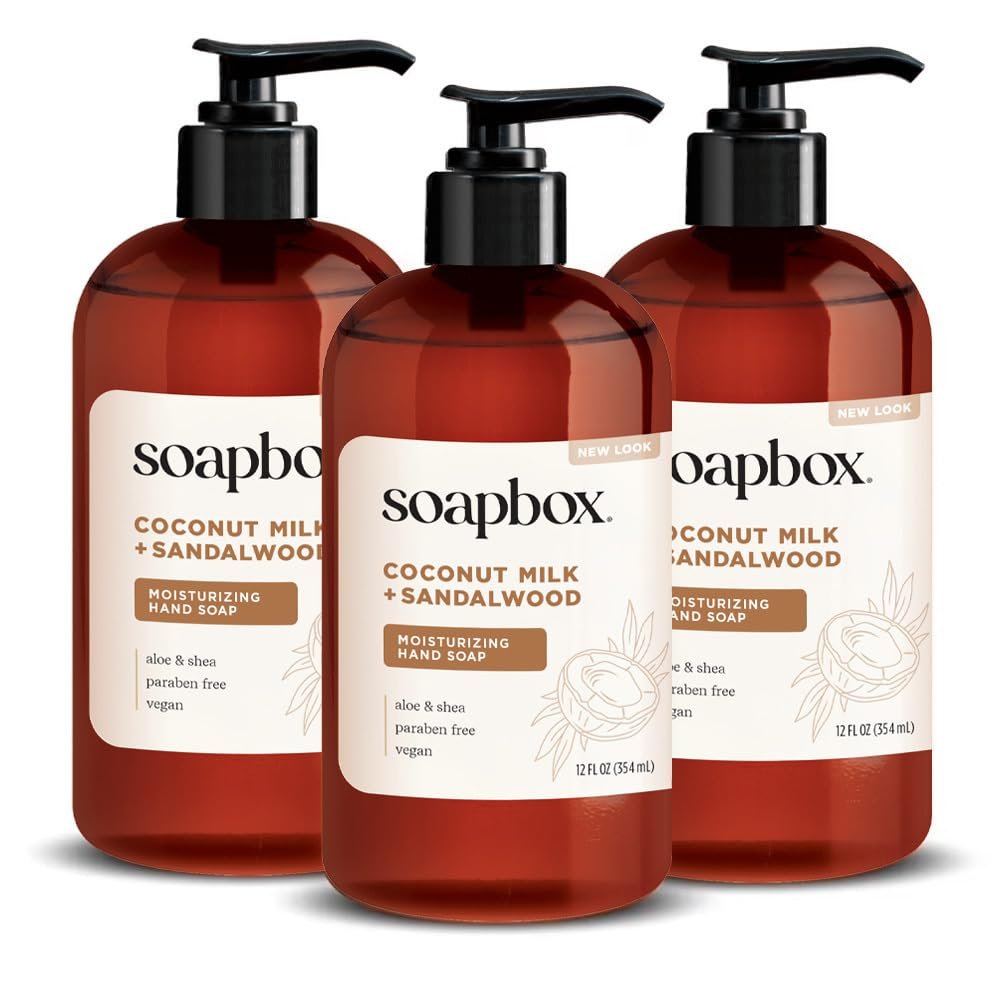 Soapbox Coconut Milk & Sandalwood Liquid Hand Soap, Moisturizing Hand Wash – Gentle Cleanser for Hands – Clean Ingredients Free of Harsh Chemicals, Sulfates, Parabens & Silicones – 3 Pack