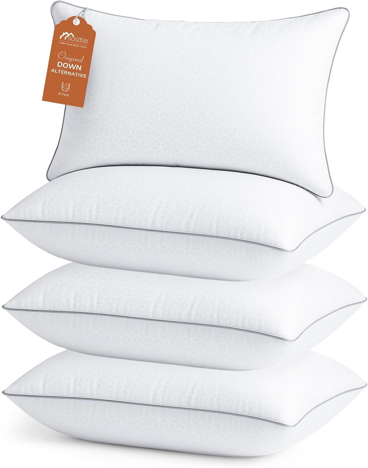 Sasttie Firm Pillows Standard Size Set of 4, Full Size Bed Pillows for Side, Back, and Stomach Sleepers – Oeko-Tex Certified Down Alternative Plump Filling – Hotel Quality and Machine Washable, 4 Pack