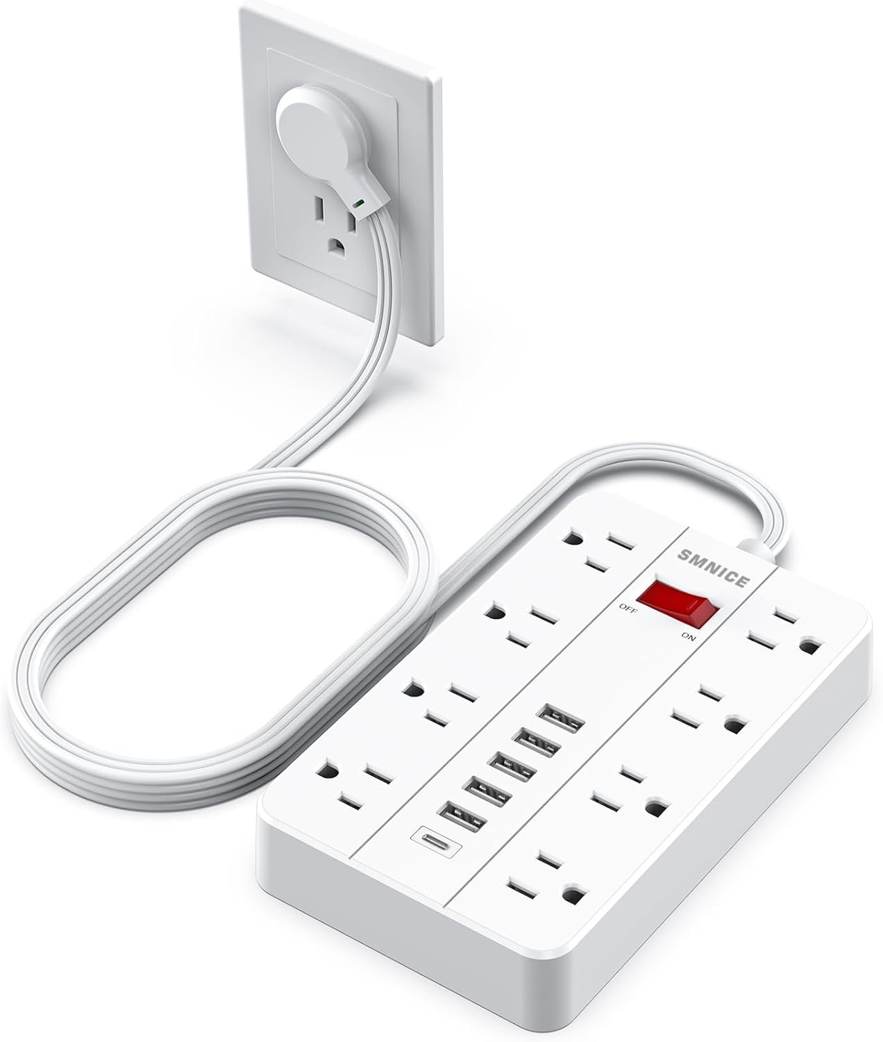 SMNICE Power Strip with USB, Power Strip Flat Plug with 8 Widely Spaced Outlets and 6 USB Ports(1 USB C), 5ft Extension Cord Wall Mountable Phone Tablet Laptop Computer Multiple Devices