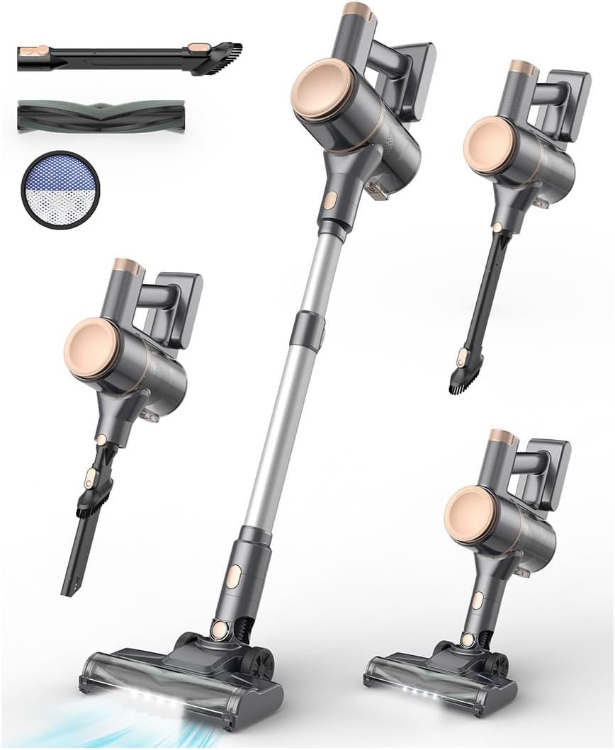UML0 N8 Cordless Stick Vacuum Cleaner,Lightweight Vacuum Cleaner with Powerful Suction,Self-Standing,Rechargeable Vacuum Cleaners for Home Hardwood Floor Carpet Pet Hair (Gold)