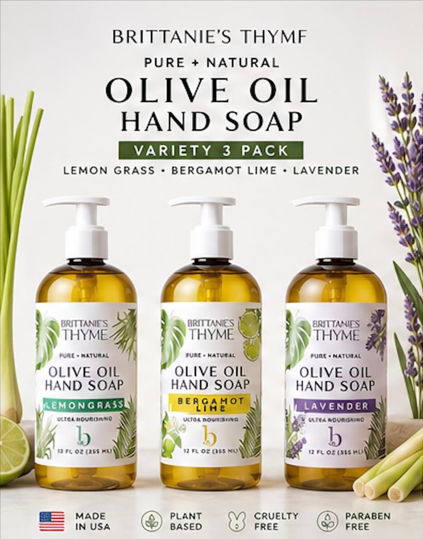 Brittanie’s Pure Castile Liquid Hand Soap Refill, Bergamot | Lavender | Lemongrass, 12 Ounce Pack of 3 | Dish Soap, Hair & Body, Home, Gentle & Pure, Natural Luxurious Oils, Vegan & Gluten Free