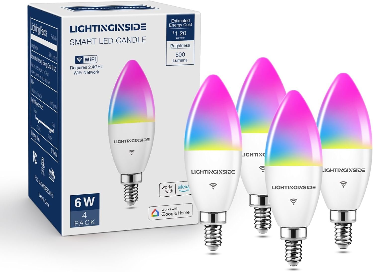 Lightinginside E12 Smart Light Bulbs 60W Equiv., Work with Alexa/Google Home/SmartLife, 500LM 6W RGBCW Candle Candelabra LED Bulbs, No Hub Required, 2.4G WiFi & BLE Chandelier Bulb, ETL Listed, 4PCS