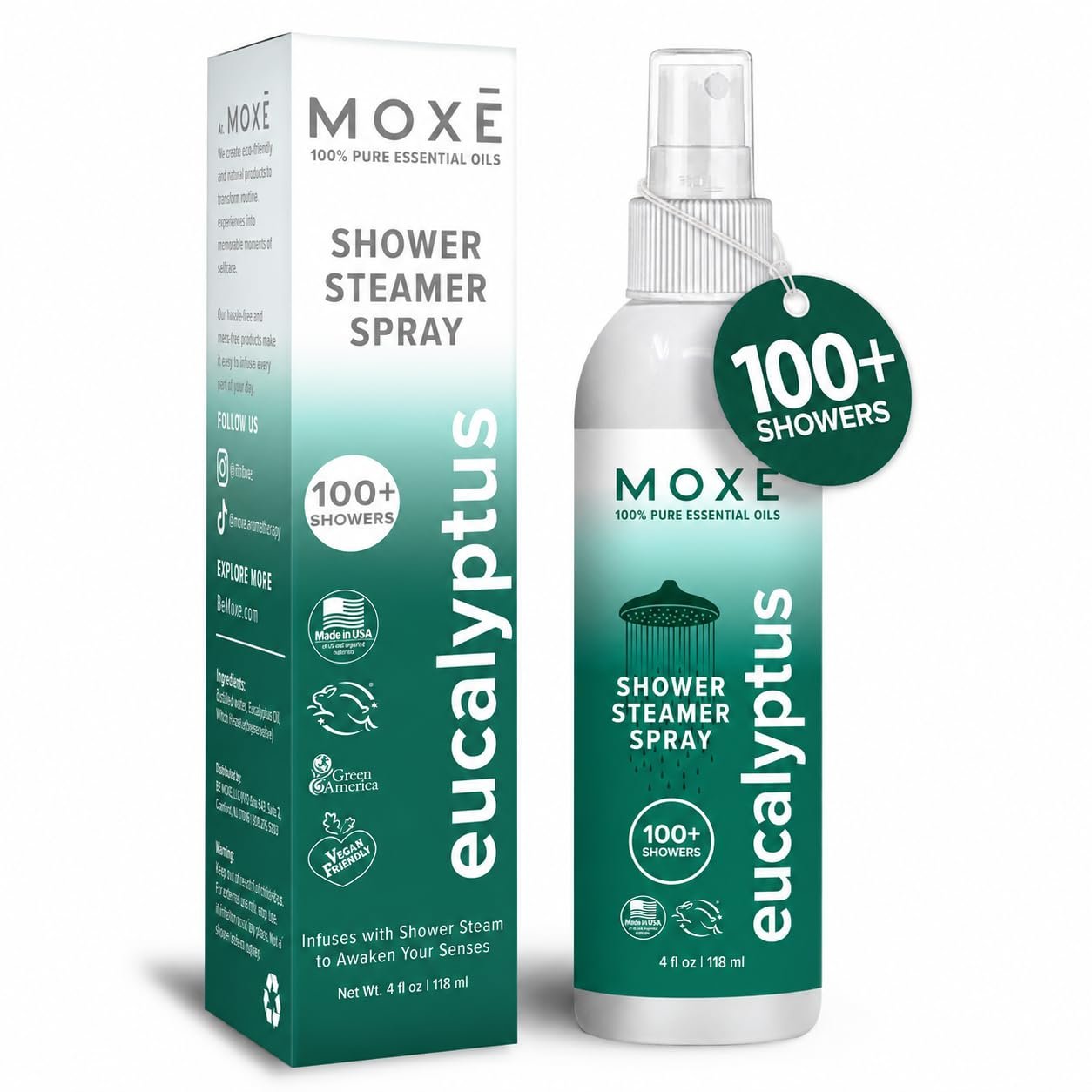 MOXĒ Eucalyptus Oil Shower Mist, Spa Steam Spray, Certified Natural 100% Essential Oils, Made in USA, Aromatherapy, Sinus Congestion Relief, Tension Relief, 4 Ounces