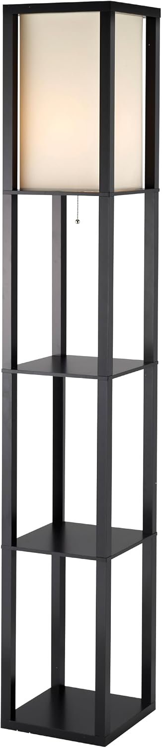 Adesso Square Floor Lamp with 3-Tier Open Shelves, Black Base, Fabric Shade, 72” T x 10.5” W, Extended Length Cord, Enhances Room Decor and Home Lighting