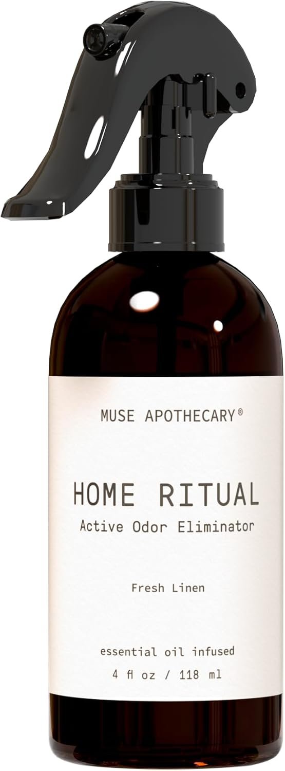 Muse Apothecary Home Ritual Active Odor Eliminator Spray – Furniture Deodorizer Spray & Bathroom Odor Eliminator for Home – Essential Oil Air Freshener – 4oz, Fresh Linen