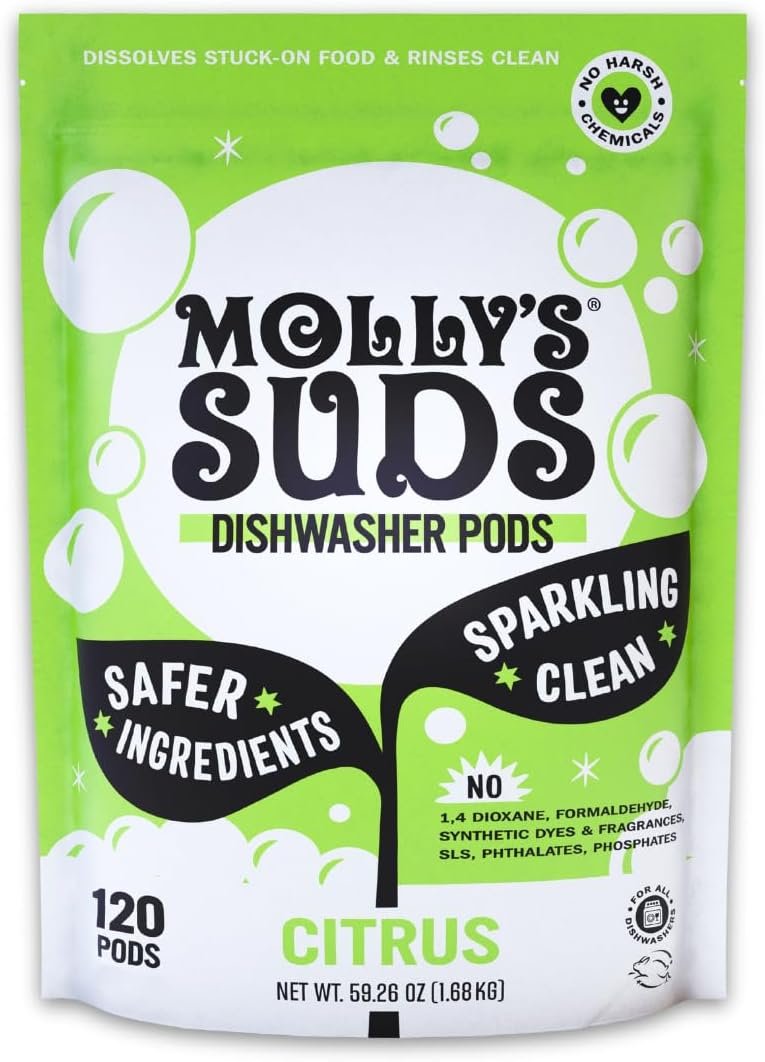 Molly’s Suds Dishwasher Pods | Clean Dishwasher Detergent, Cuts Grease & Rinses Clean (Residue-Free) for Sparkling Dishes | 120 Auto-Release Tabs (Citrus)