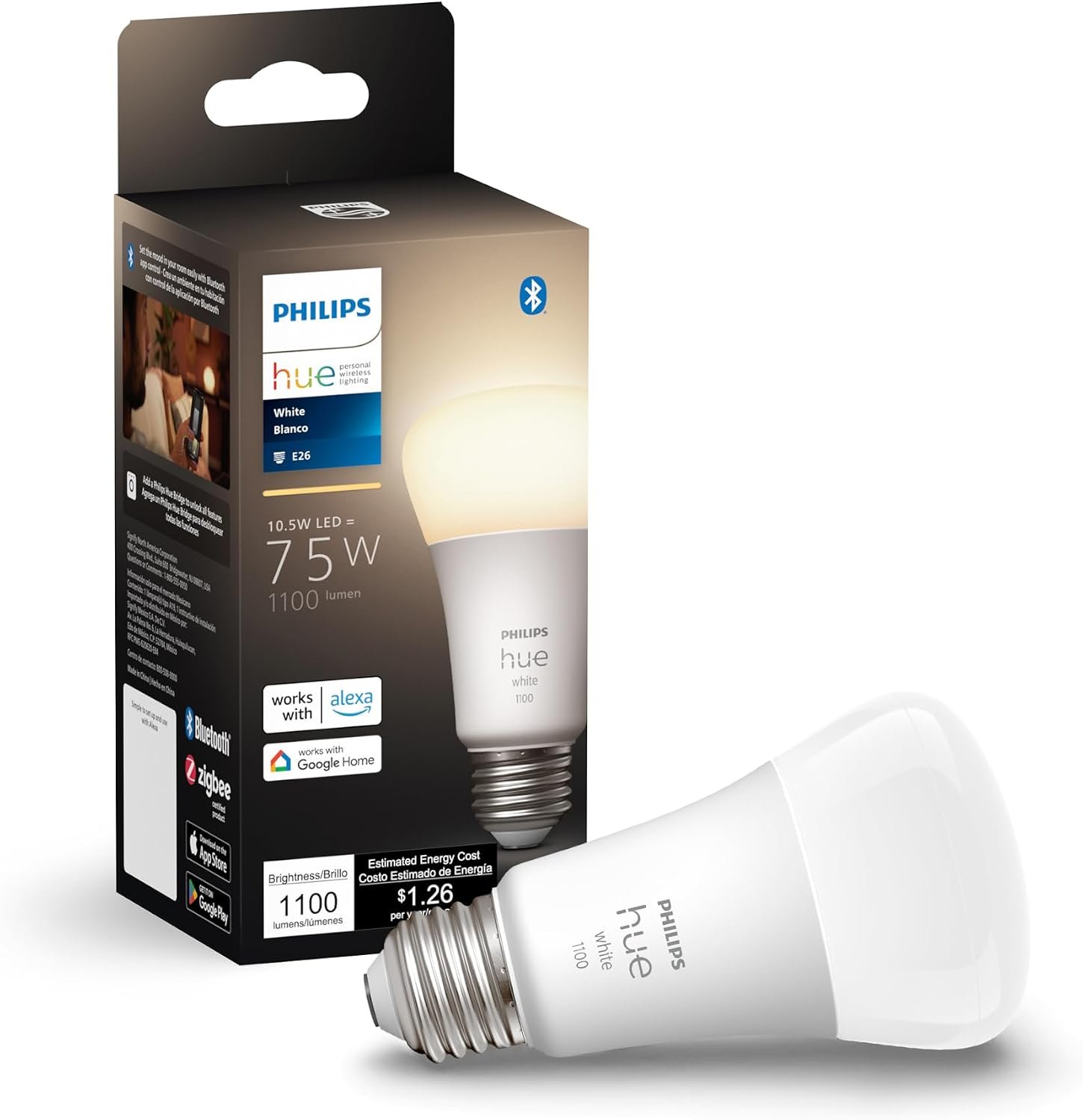 Philips Hue Smart 75W A19 LED Bulb – Soft Warm White Light – 1 Pack – 1100LM – E26 – Indoor – Control with Hue App – Works with Alexa, Google Assistant and Apple Homekit