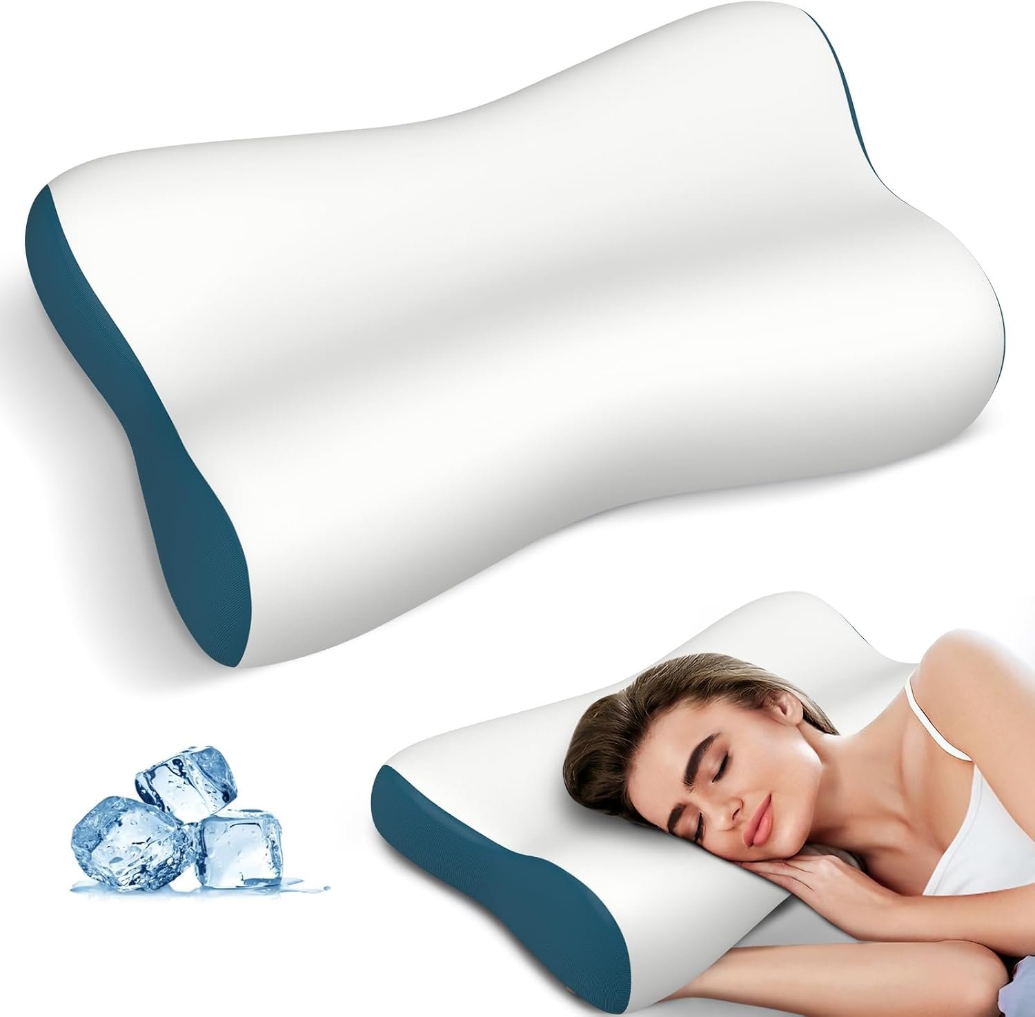 Cervical Neck Pillow for Pain Relief, Contour Memory Foam Pillows for Sleeping, Ergonomic Pillow Orthopedic Cooling Pillow Bed Pillow Neck Support for Side Back Stomach Sleepers(White&Blue)