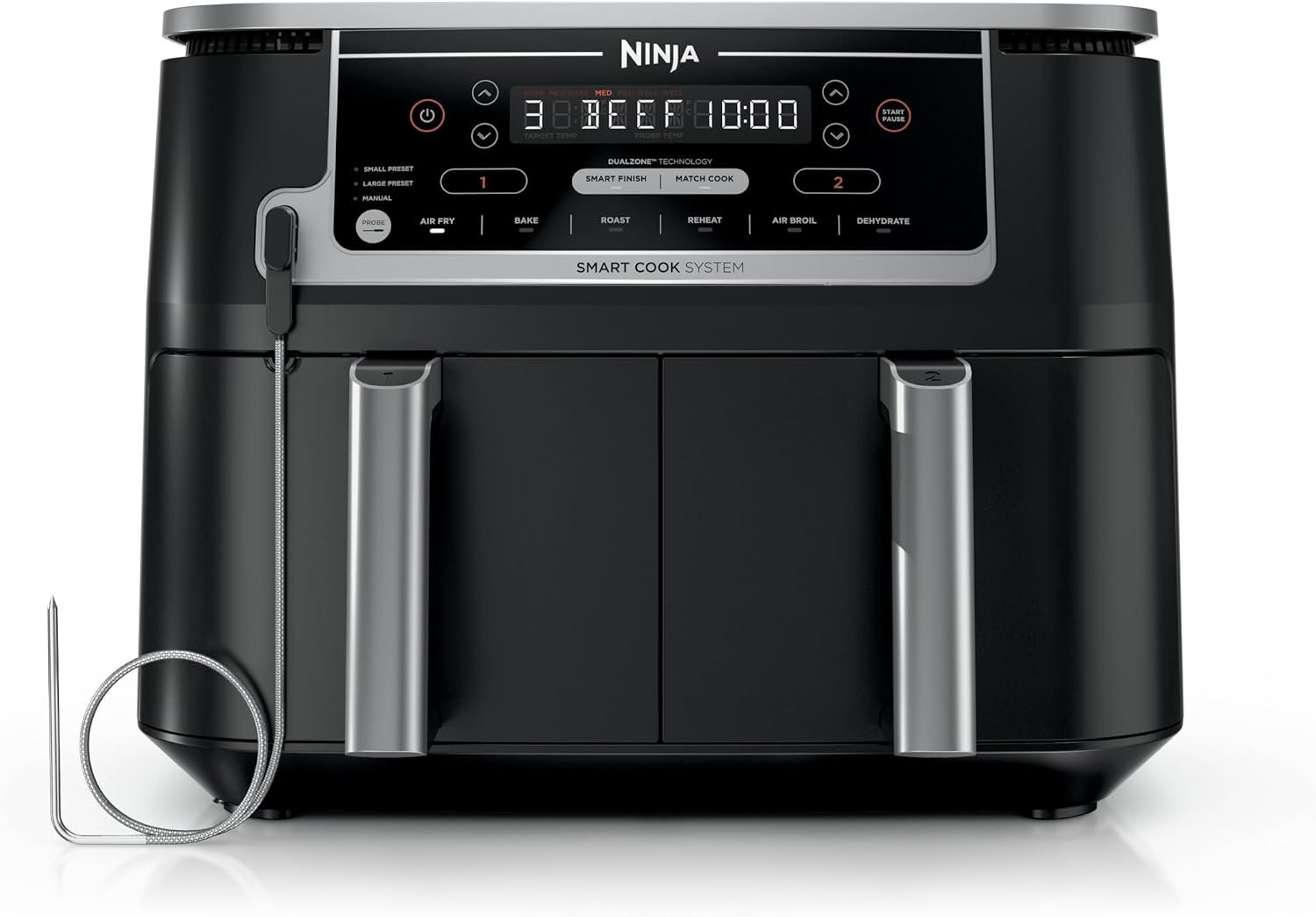 Ninja DZ550 Foodi 10 Quart 6-in-1 DualZone Smart XL Air Fryer with 2 Independent Baskets, Smart Cook Thermometer for Perfect Doneness, Match Cook and Smart Finish to Roast, Dehydrate and More, Black