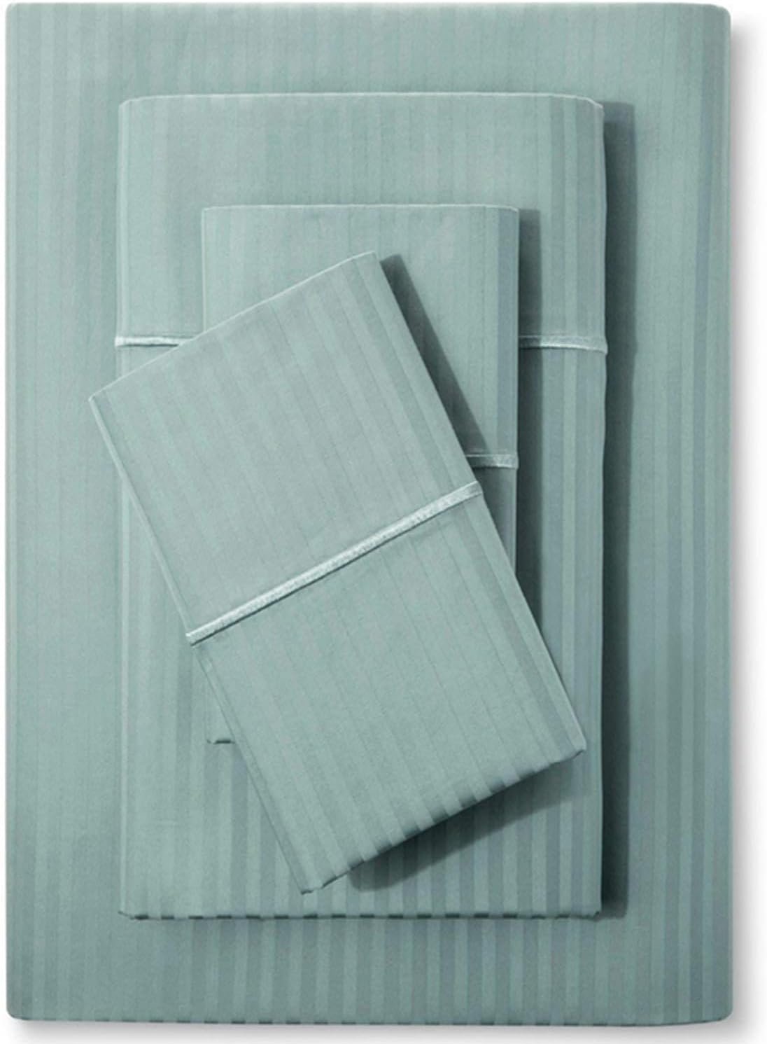 Feather & Stitch 500 TC King Size Bed Sheet Set, 100% Cotton Soft Breathable Bedsheets, 4 Piece 18″ Deep Pockets Sateen Weave Striped Bedding Mattress Resort Hotel Luxury – (Granite Green Stripe)