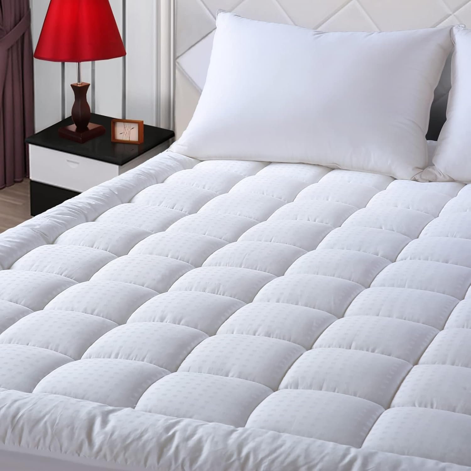 EASELAND Queen Size Mattress Pad Pillow Top Mattress Cover Quilted Fitted Mattress Protector Cotton Top Stretches up 8-21″ Deep Pocket Cooling Mattress Topper (60×80 inch, White)