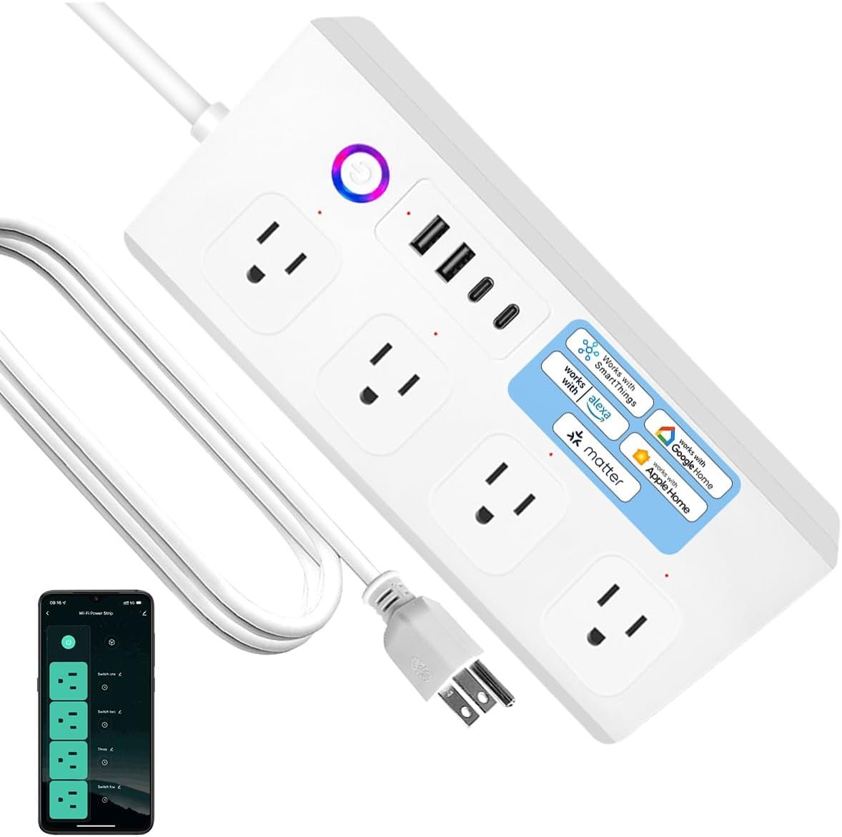 Matter Smart Power Strip,Works with Apple HomeKit, Siri, Alexa, Google Assistant, with 4 Individually Controlled AC Outlets, Multi-Plug Extender for Home Office (Matter Upgrade -White)