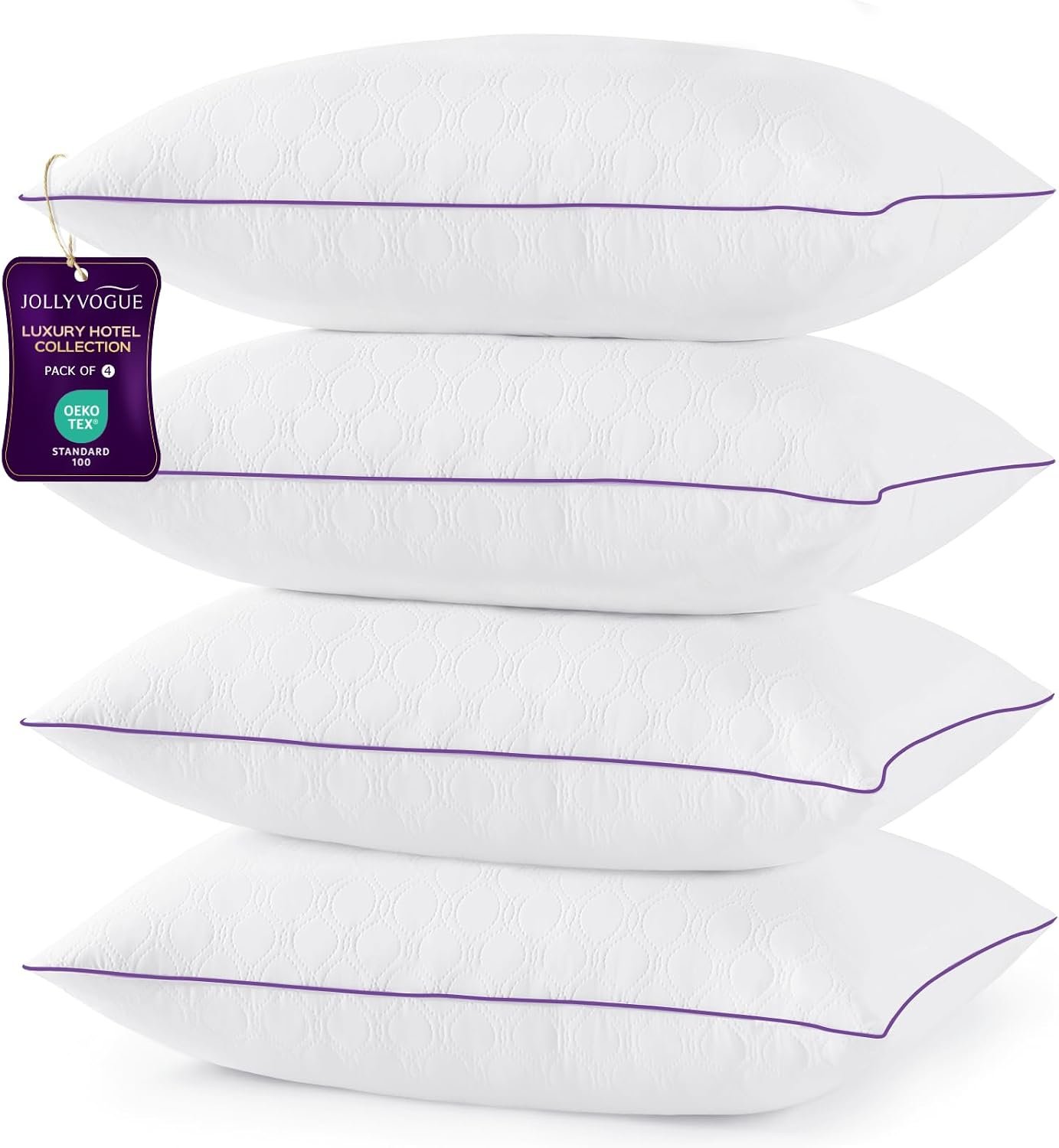 JOLLYVOGUE Pillows Standard Set of 4, Bed Pillow for Side, Back, and Stomach Sleepers, Down Alternative Filled Full Size Pillows, Luxury Hotel Quality and Machine Washable, 26″ x 17″, 4 Pack