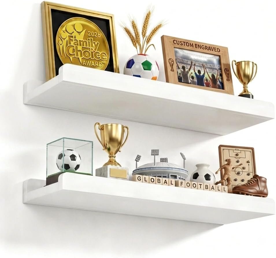 Love-KANKEI Floating Shelves Wall Mounted Set of 2, 17 Inch Rustic Wood Wall Shelves for Storage, Bedroom Living Room Bathroom Kitchen Office and More White