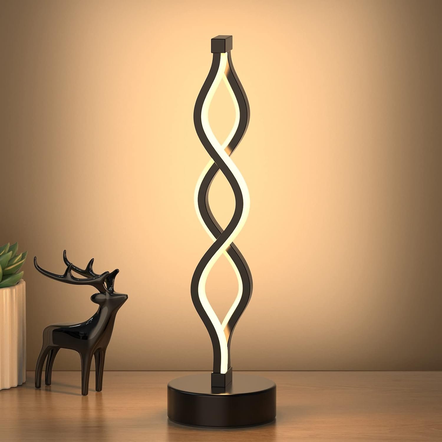 NUÜR Infinity Spiral LED Table Lamp Black, Dimmable Metallic Bedside Lamp with Touch Controller, 3 Colour Temperature, 15.8 Inch Height, Decorative Lamp for Home, Living Room