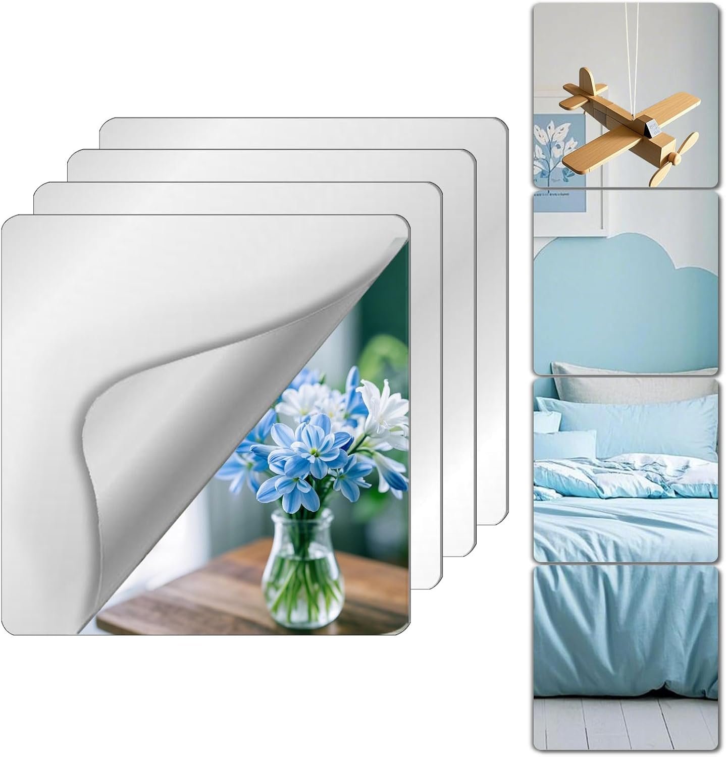 Unbreakable Mirror Tiles, 4PCS 10”x10” Peel And Stick on Mirror for Wall Mirrors Decorative, Toddlers for Kids Bedroom, Plastic Gym Frameless Door Small Adhesive Mirrors for Classroom Decor Stickers
