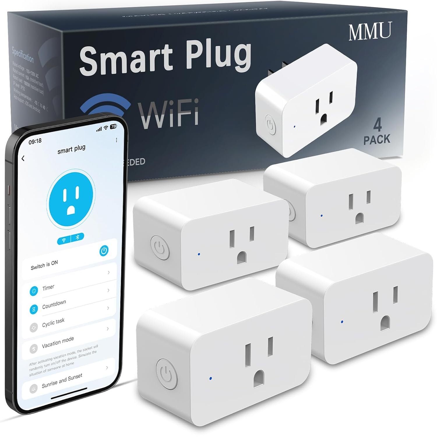 4 Pack Smart Plugs, WiFi Outlets Work with Alexa&Google Assistant, 15A/1800W Max, Smart Sockets with APP Control, Timer Plug with Group Control, No Hub Required, ETL & FCC Certified, 2.4Ghz only