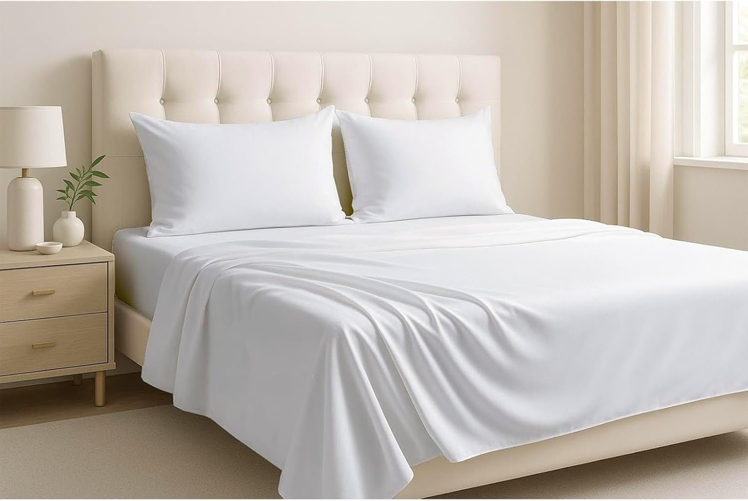 Cottingon 4 Pcs Extra Deep 100% Cotton Bed Sheets Set, Soft and Luxury Bedding Fits Upto 22 Inch Extra deep Pocket with Elastic All Around, Queen, White Solid