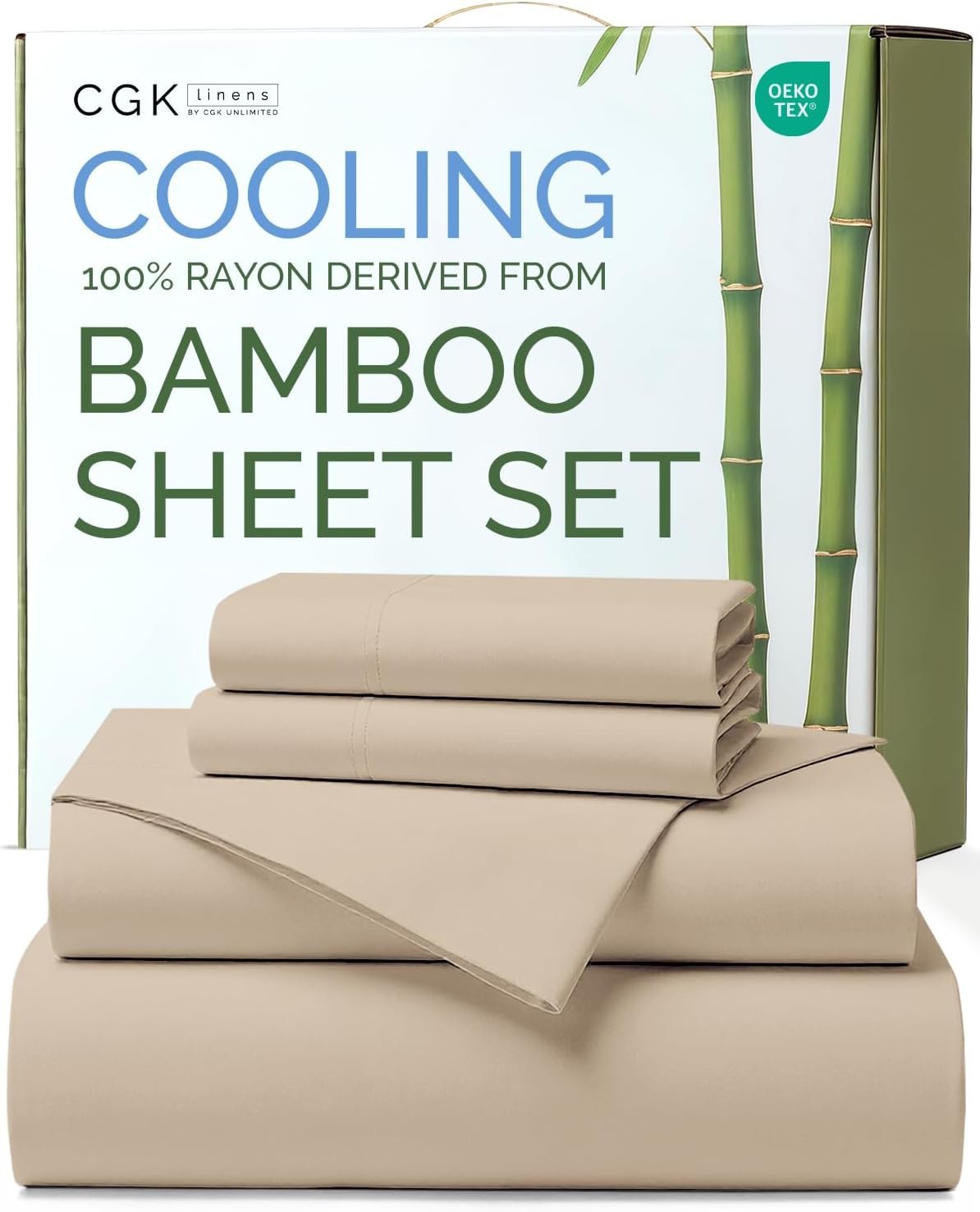 Sheets King Size – Cooling Sheets for King – 100% Rayon Derived from Bamboo – Ultra Soft, Breathable & Hotel Luxury Bedding – 1 Flat & 1 Fitted & 2 Pillowcases w/ 16 Inch Deep Pockets – Wheat