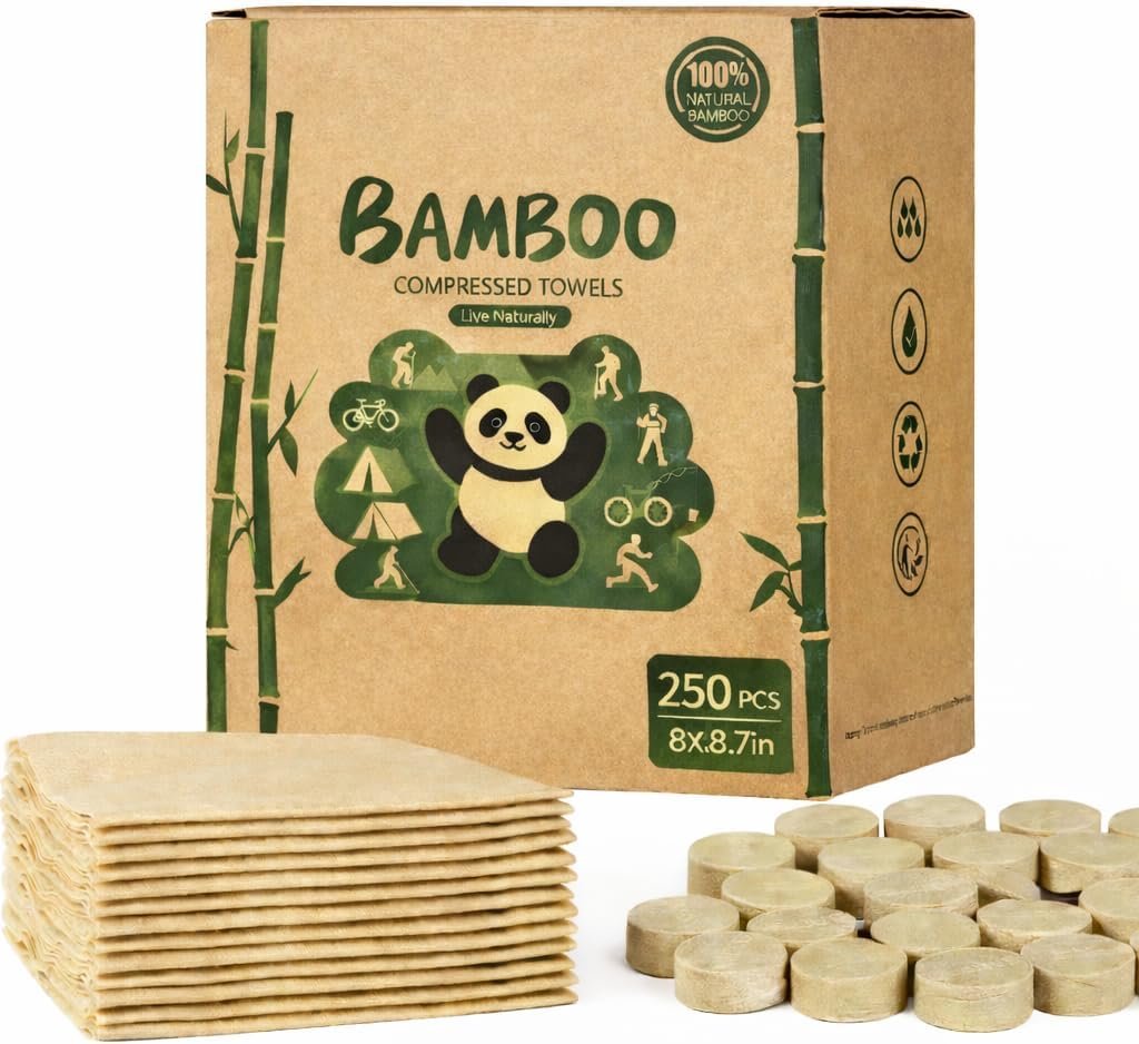 Bamboo Compressed Towels – 250-Pack, Biodegradable Toilet Paper Tablets & Portable Expandable Wipes for Travel, Camping, Backpacking & Outdoor Hygiene