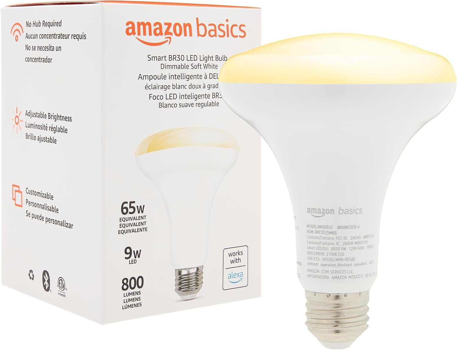 Amazon Basics Smart BR30 LED Light Bulb, Dimmable Soft White (2700K), 9W (60W Equivalent), 800LM, Works with Alexa Only, 2.4 GHz Wi-Fi, No Hub Required, 1 Pack