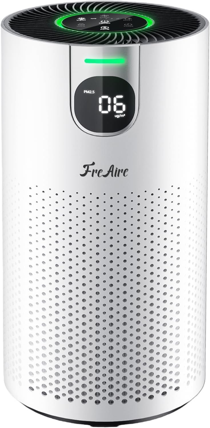 FreAire HEPA Air Purifier for Home Large Rooms up to 1800Ft², VisionAir 20dB Sleep Mode for Bedroom, with Real-Time AQI & PM2.5 Display, 360°Intake & Outlet Air Cleaner for Pets, HAP606, White