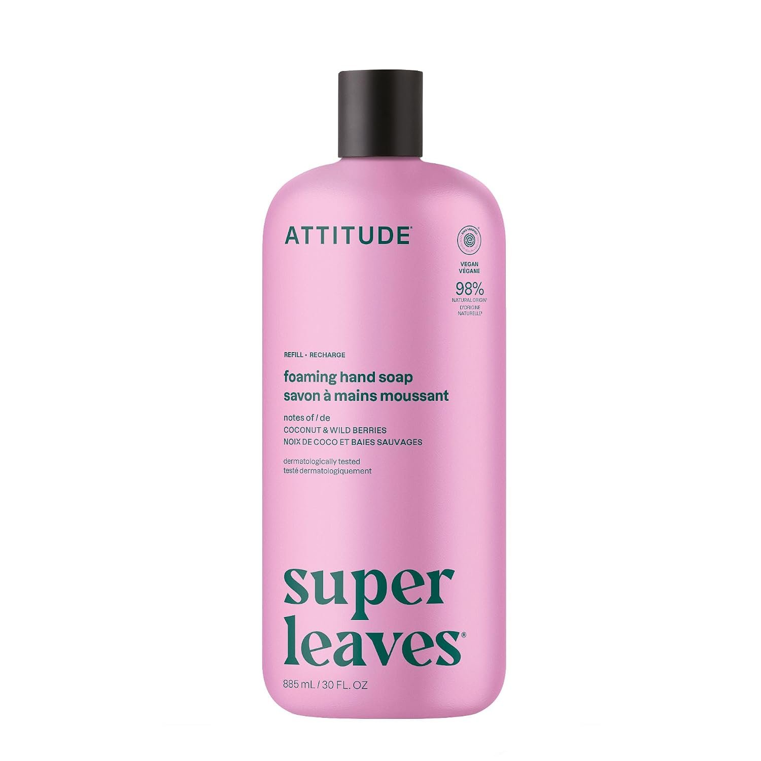 ATTITUDE Foaming Hand Soap Refill, EWG Verified, Natural & Plant-Based Hand Wash, Gentle & Moisturizing, Vegan, Coconut & Wildberries Scent, 30 Fl Oz